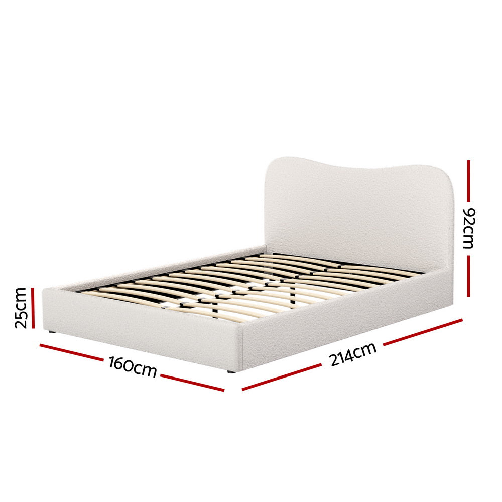 Boucle queen bed frame with curved headboard, cream upholstery and slatted base
