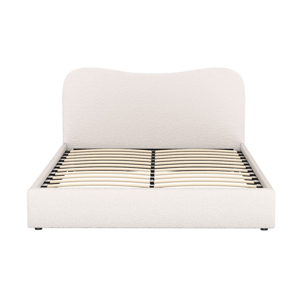 Boucle queen bed frame with tall headboard, cream fabric and slat support