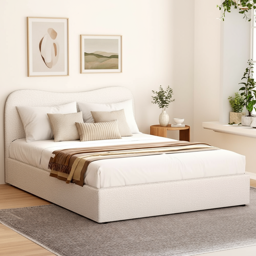 Boucle queen bed frame with curved headboard, cream upholstery, and slatted base