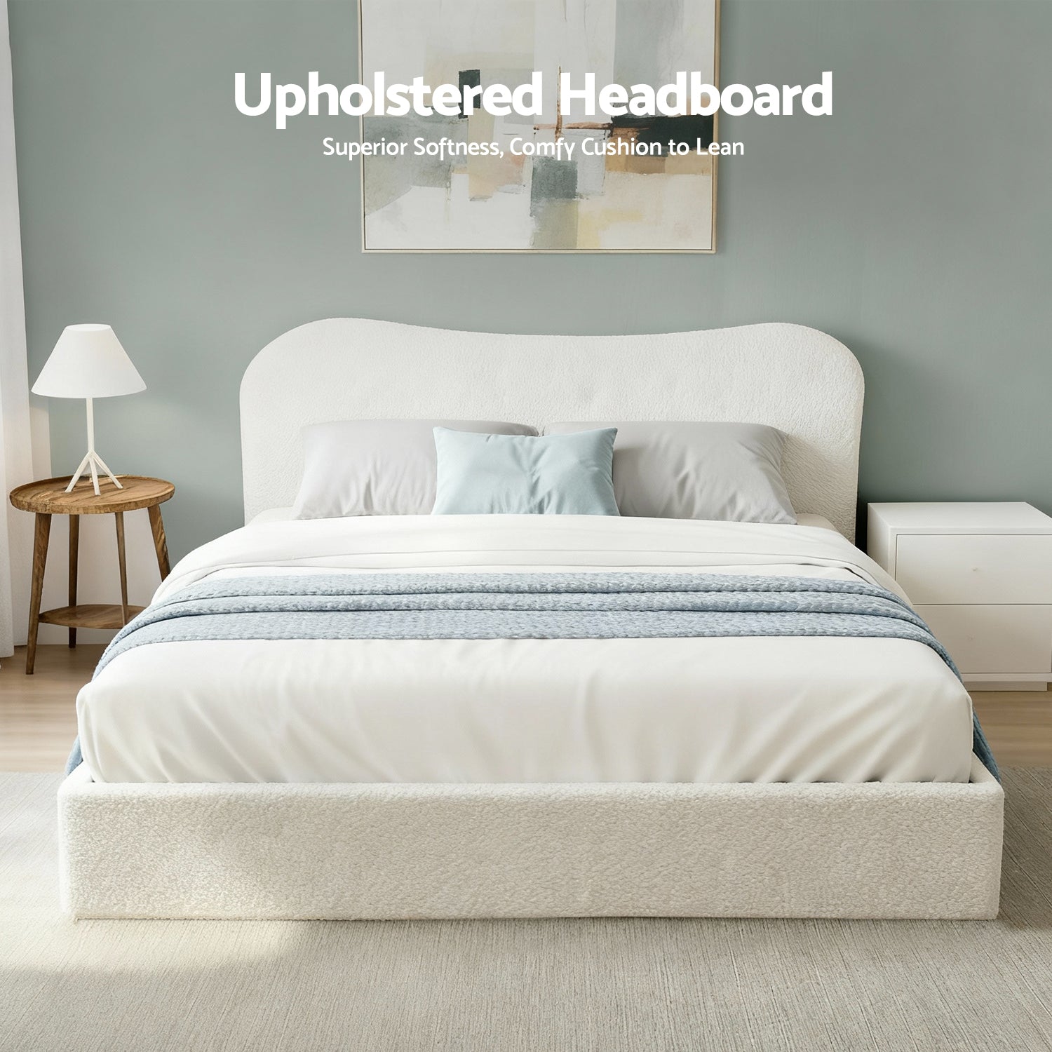 Artiss Double Bed Frame with Gaslift Storage Wooden Platform Mattress Base Boucle Upholstered White