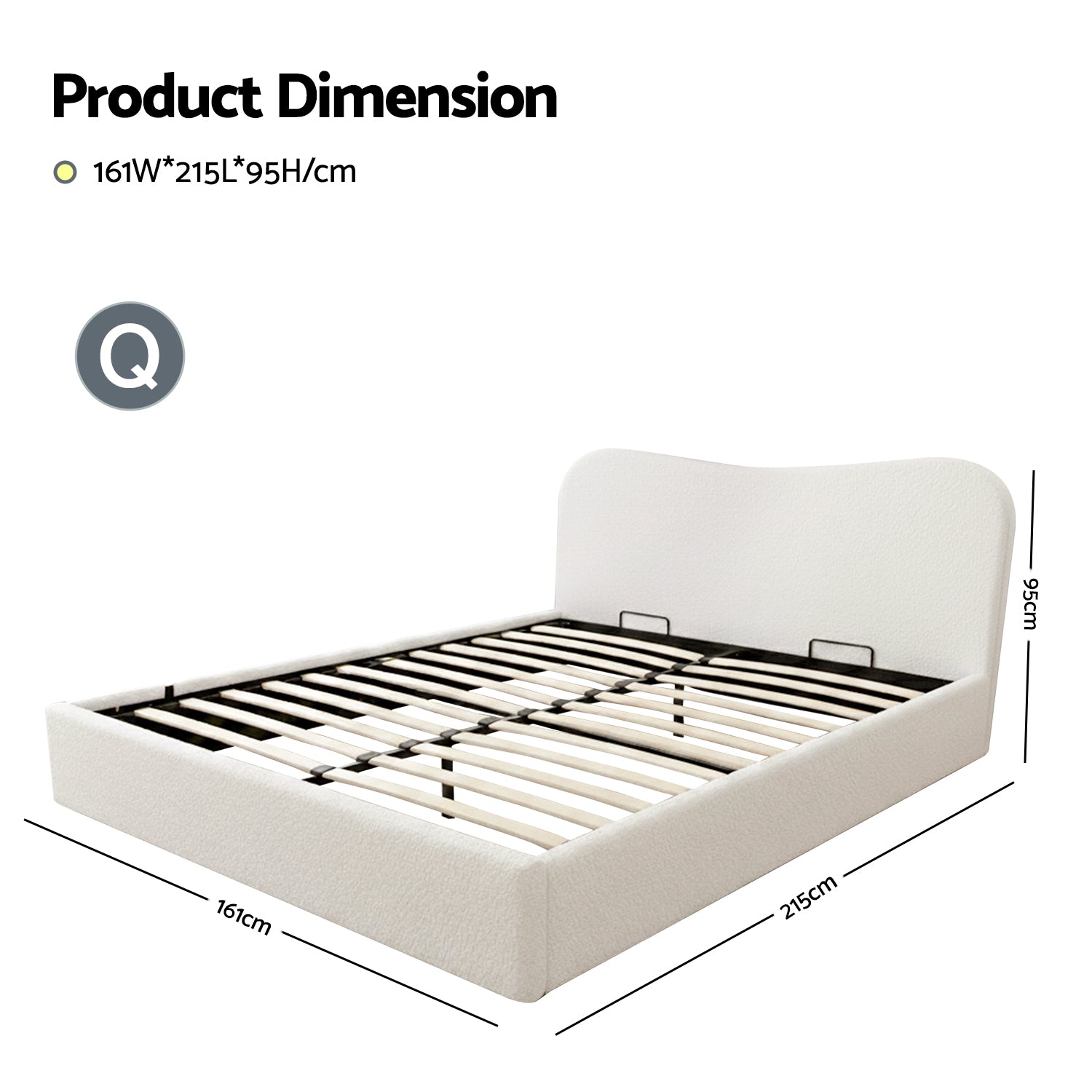 White queen bed frame with slatted base and upholstered headboard, side view