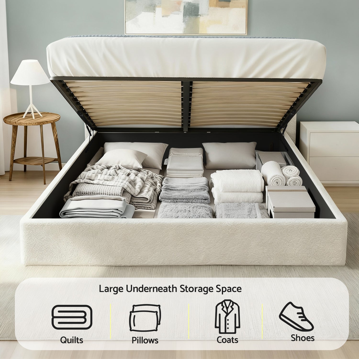 White queen bed with gas-lift storage base showing pull-up platform and slats