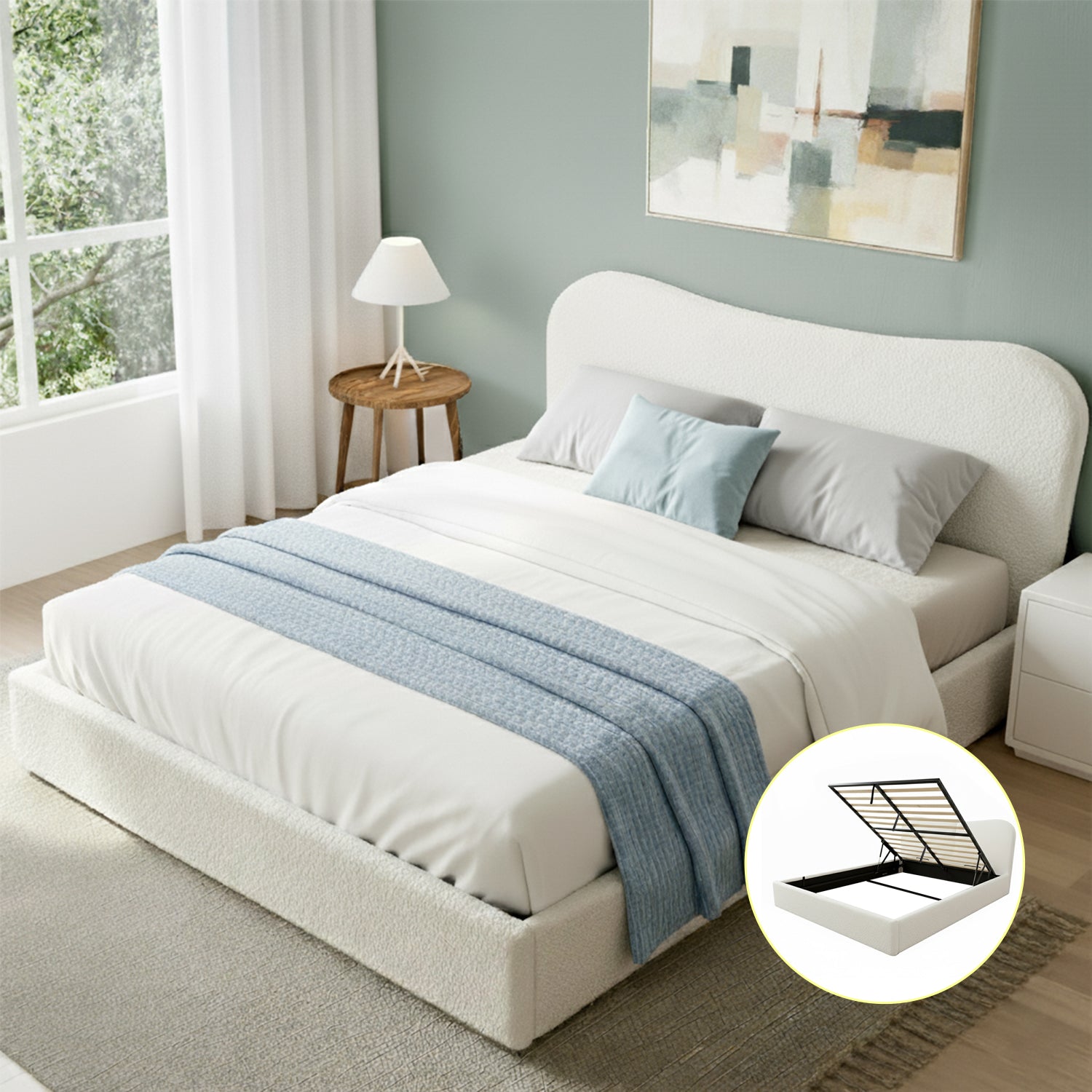 White queen bed with boucle headboard and side gas-lift storage detail
