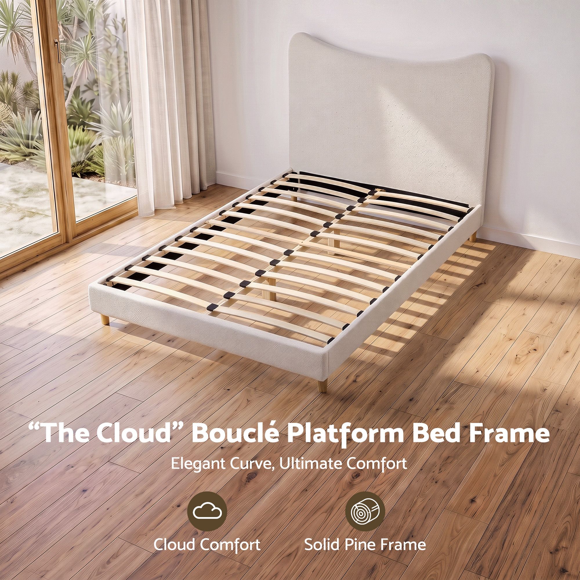 Artiss Double Bed Frame with Boucle Headboard, Beige, 300kg Capacity Bedworld