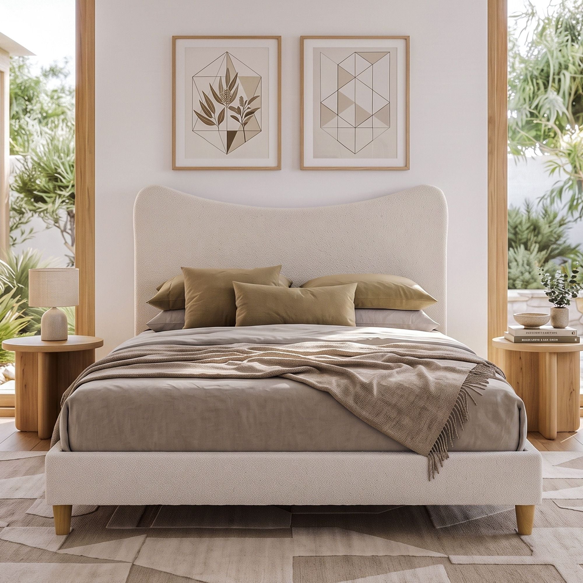 Artiss Double Bed Frame with Boucle Headboard, Beige, 300kg Capacity Bedworld