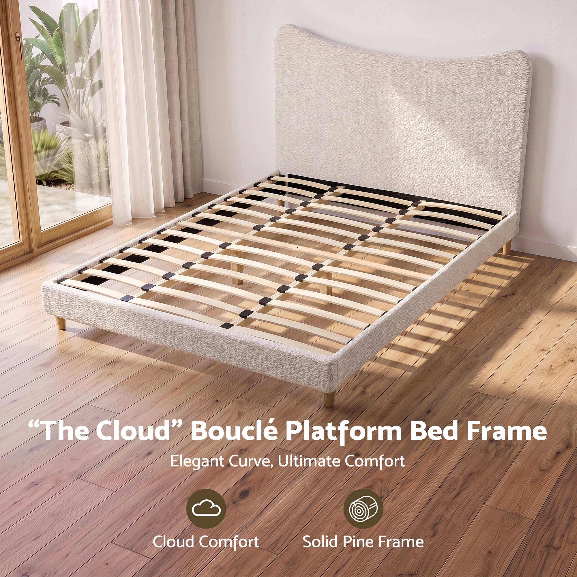 Artiss King Bed Frame with Boucle Headboard, Beige, 300kg Capacity Bedworld