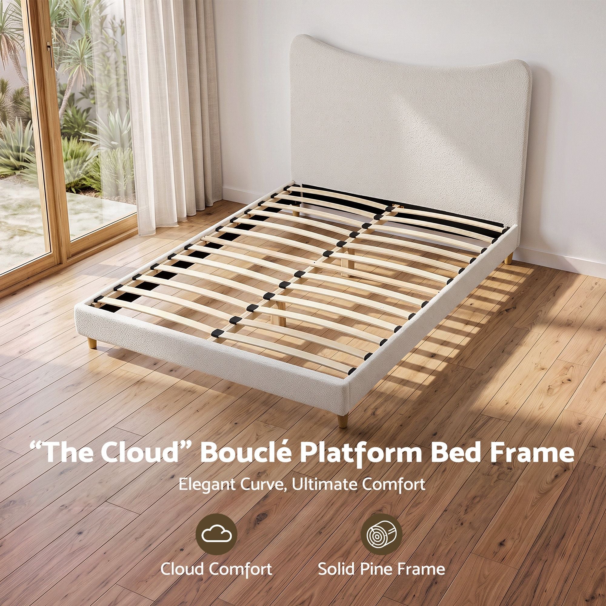 Artiss Queen Bed Frame with Boucle Headboard, Beige, 300kg Capacity Bedworld