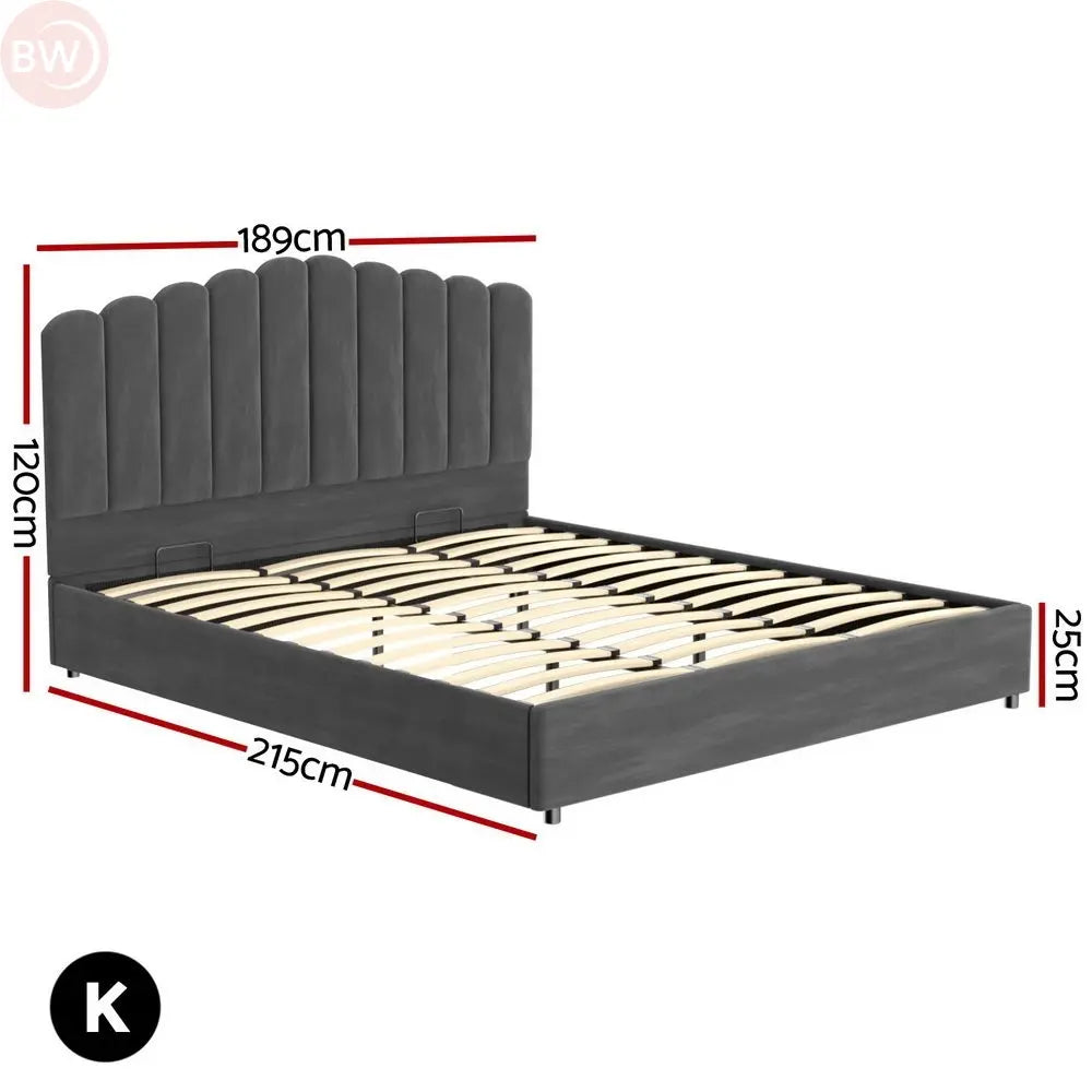 Grey bed frame with arched headboard, slatted base, and 189×215cm shown