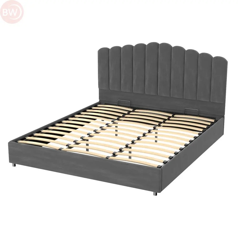 Grey upholstered velvet bed frame with tall headboard and striped slatted base
