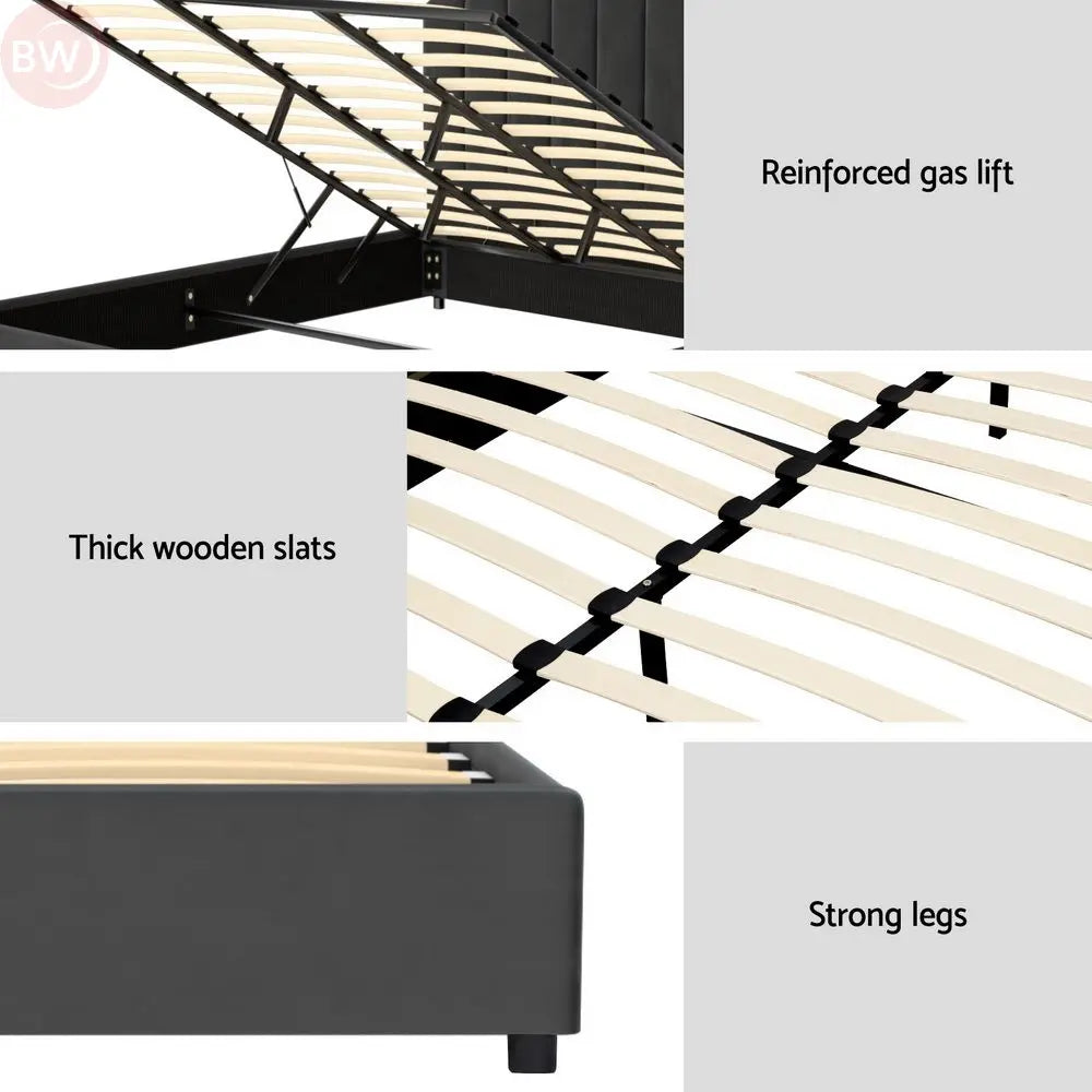 Grey bed frame details: gas lift storage, thick wooden slats, strong legs