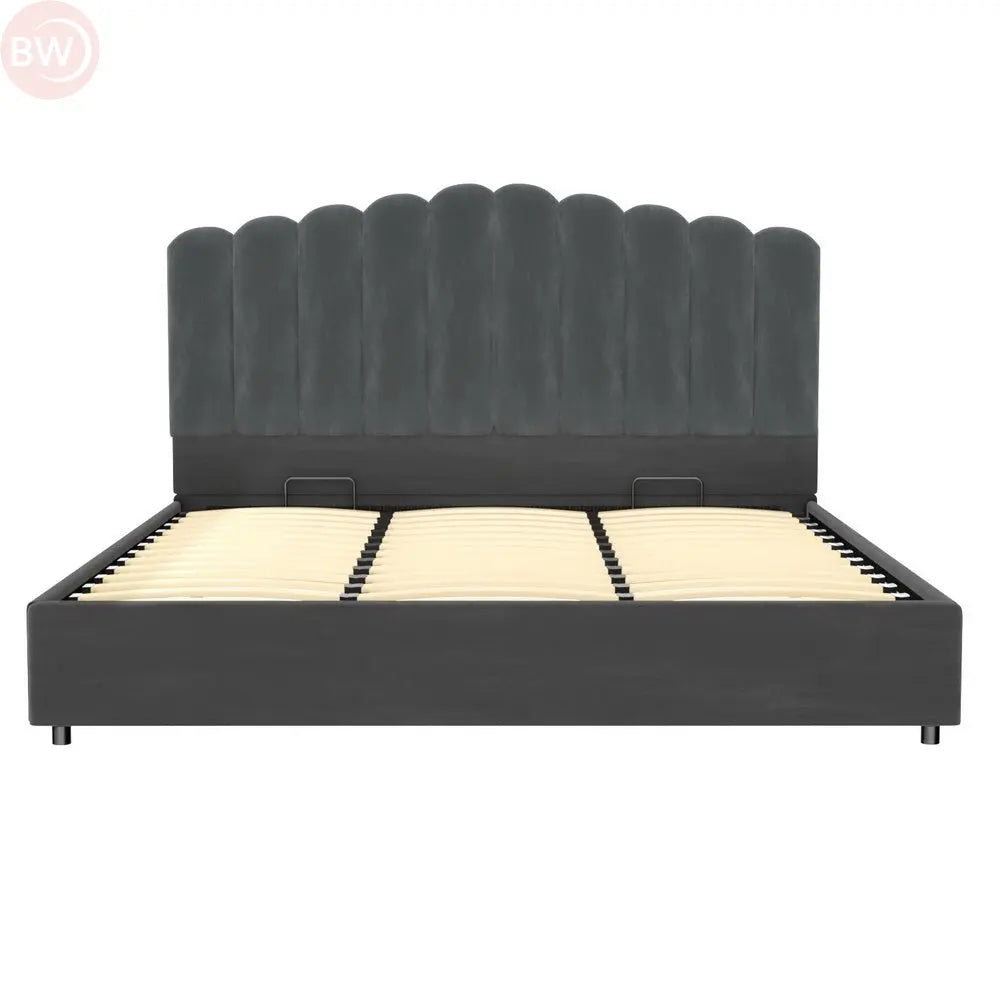Grey upholstered velvet bed frame with arched headboard and slatted base