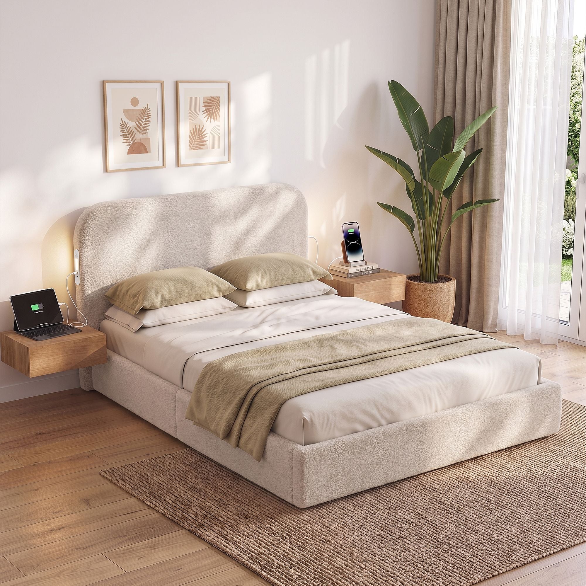 Artiss Double Bed Frame with 100cm Bouclé Headboard, USB-C & Night Lights Bedworld
