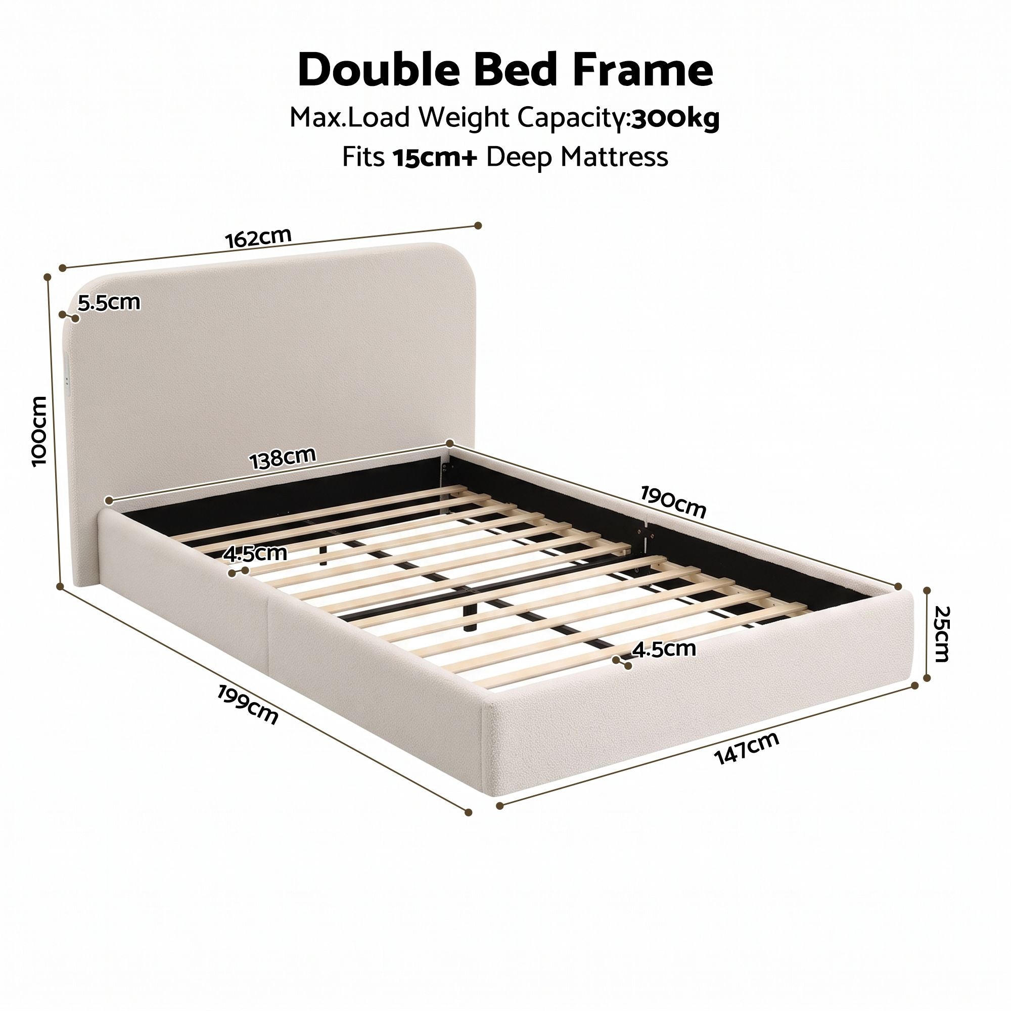 Artiss Double Bed Frame with 100cm Bouclé Headboard, USB-C & Night Lights Bedworld