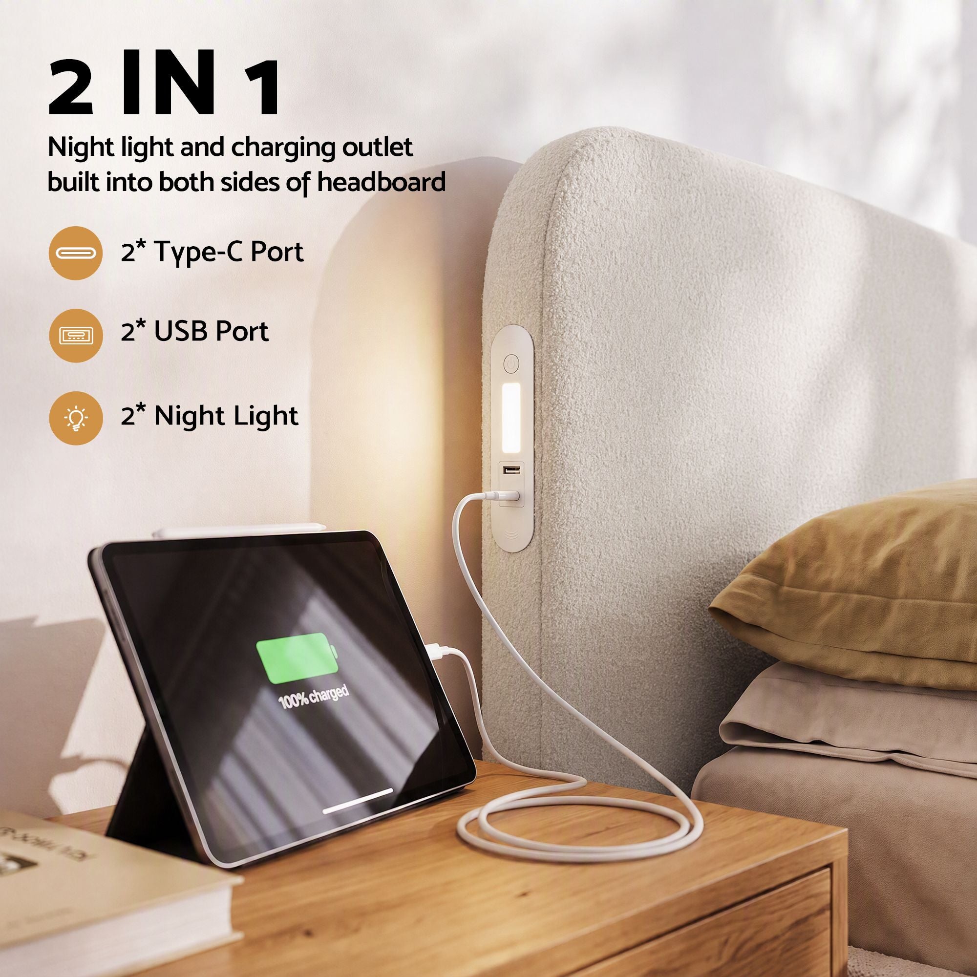 Artiss Double Bed Frame with 100cm Bouclé Headboard, USB-C & Night Lights Bedworld
