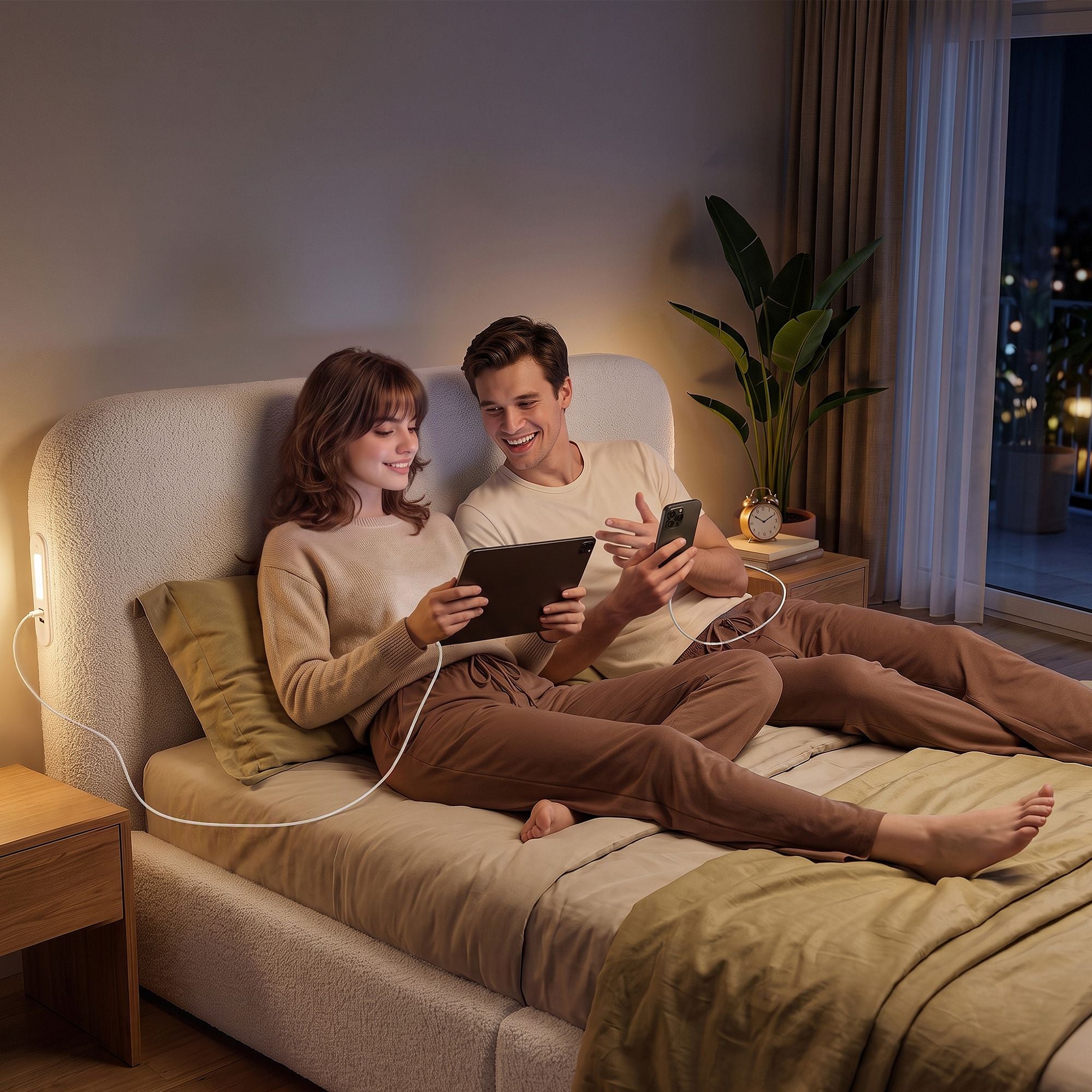 Artiss Double Bed Frame with 100cm Bouclé Headboard, USB-C & Night Lights Bedworld