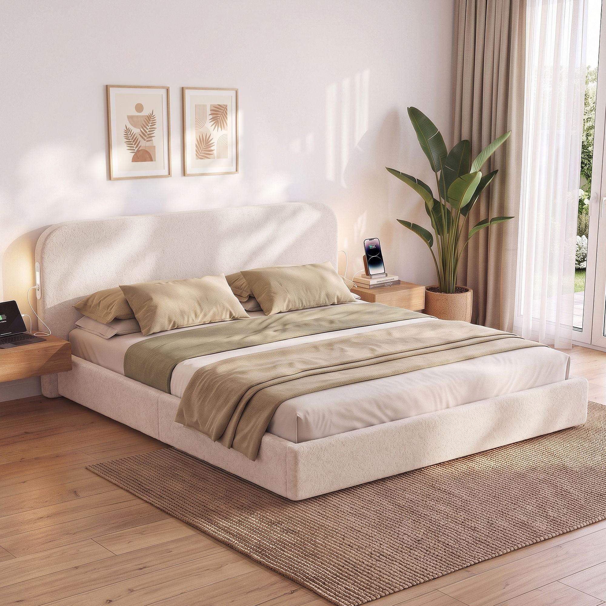 Artiss King Bed Frame with 100cm Bouclé Headboard, USB-C & Night Lights Bedworld