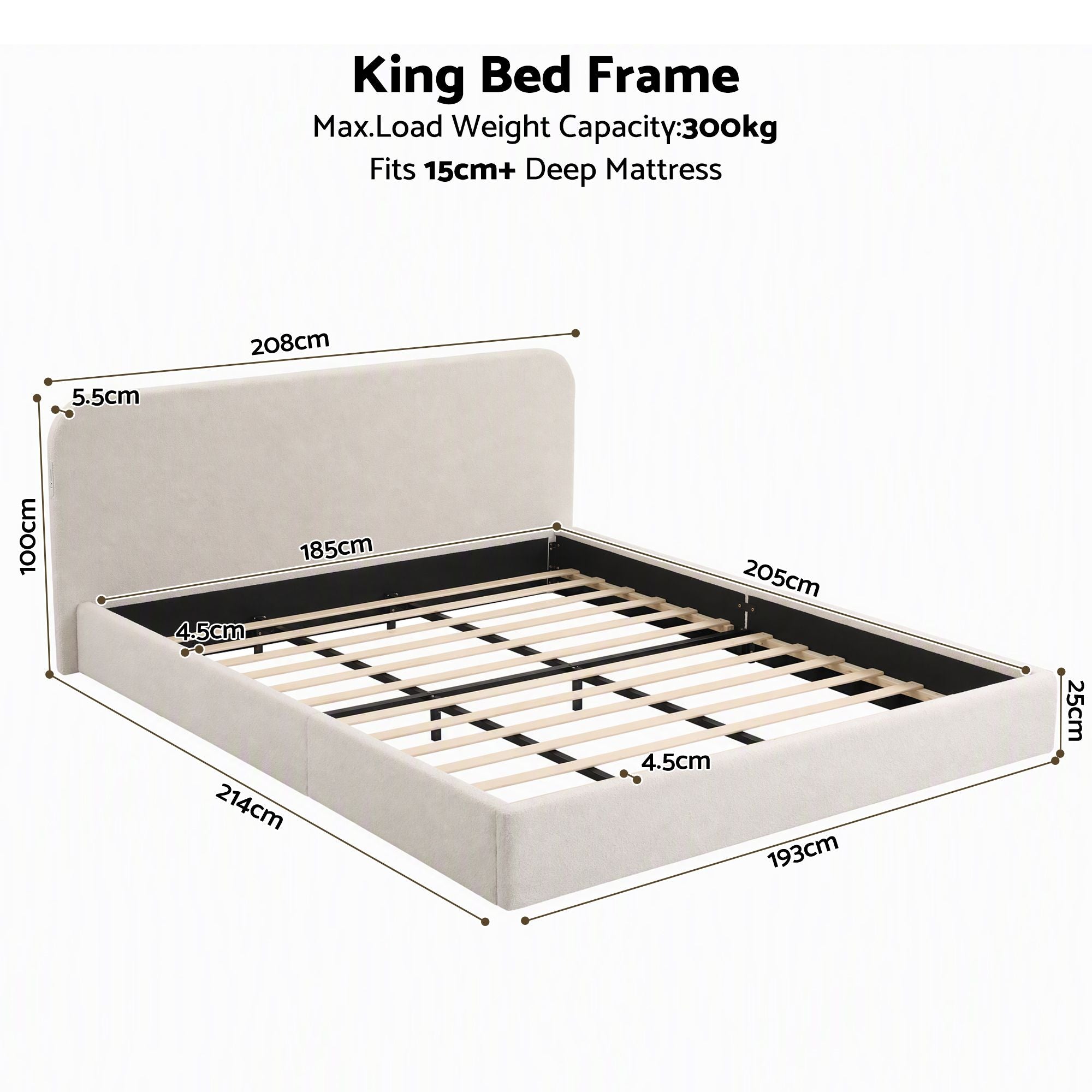 Artiss King Bed Frame with 100cm Bouclé Headboard, USB-C & Night Lights Bedworld