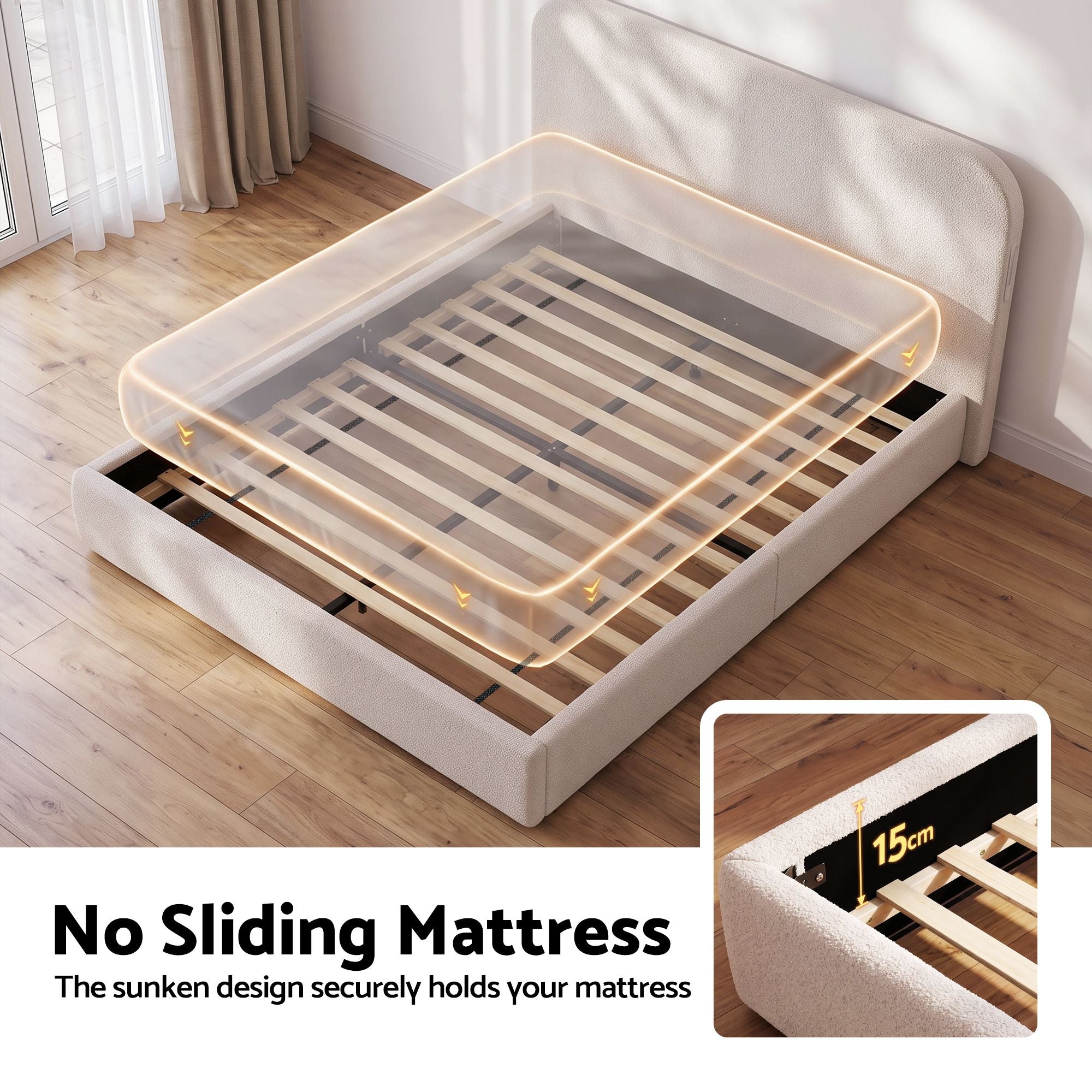 Artiss King Bed Frame with 100cm Bouclé Headboard, USB-C & Night Lights Bedworld