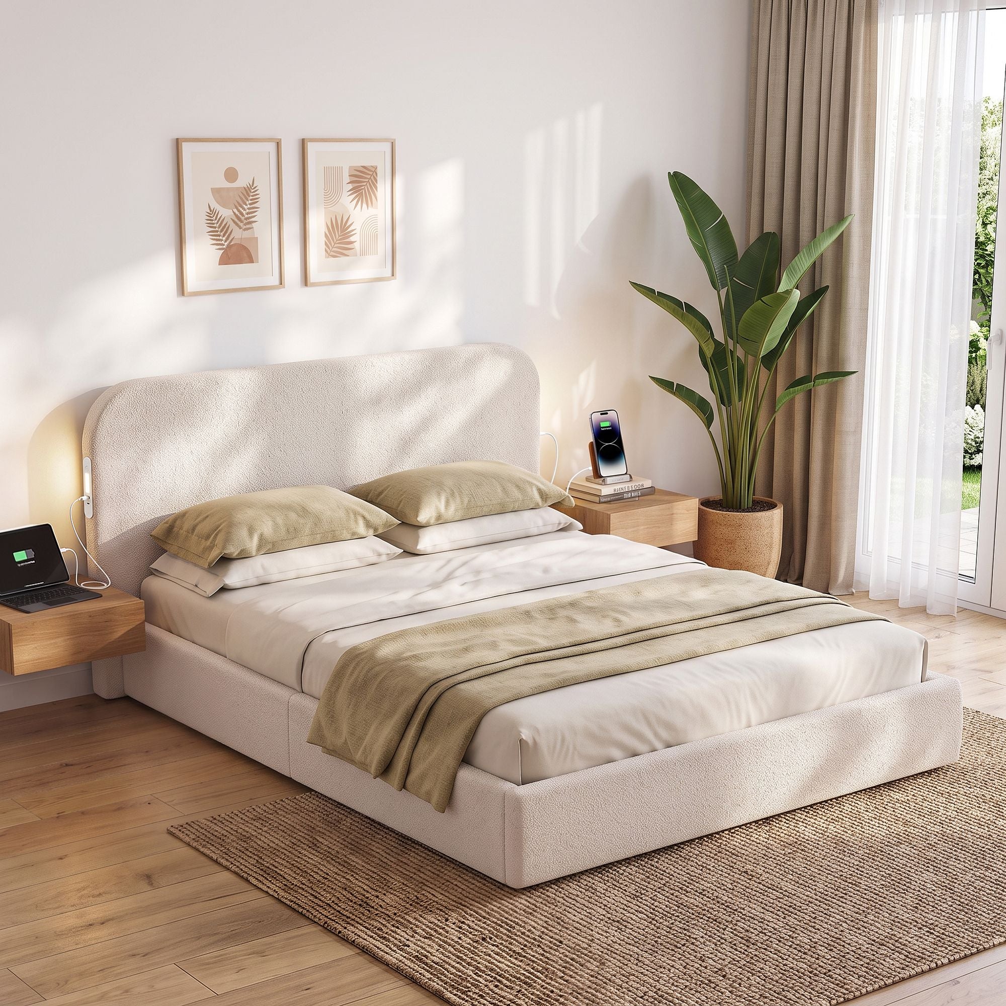 Artiss Queen Bed Frame with Bouclé Headboard, USB-C Charging & Night Lights Bedworld
