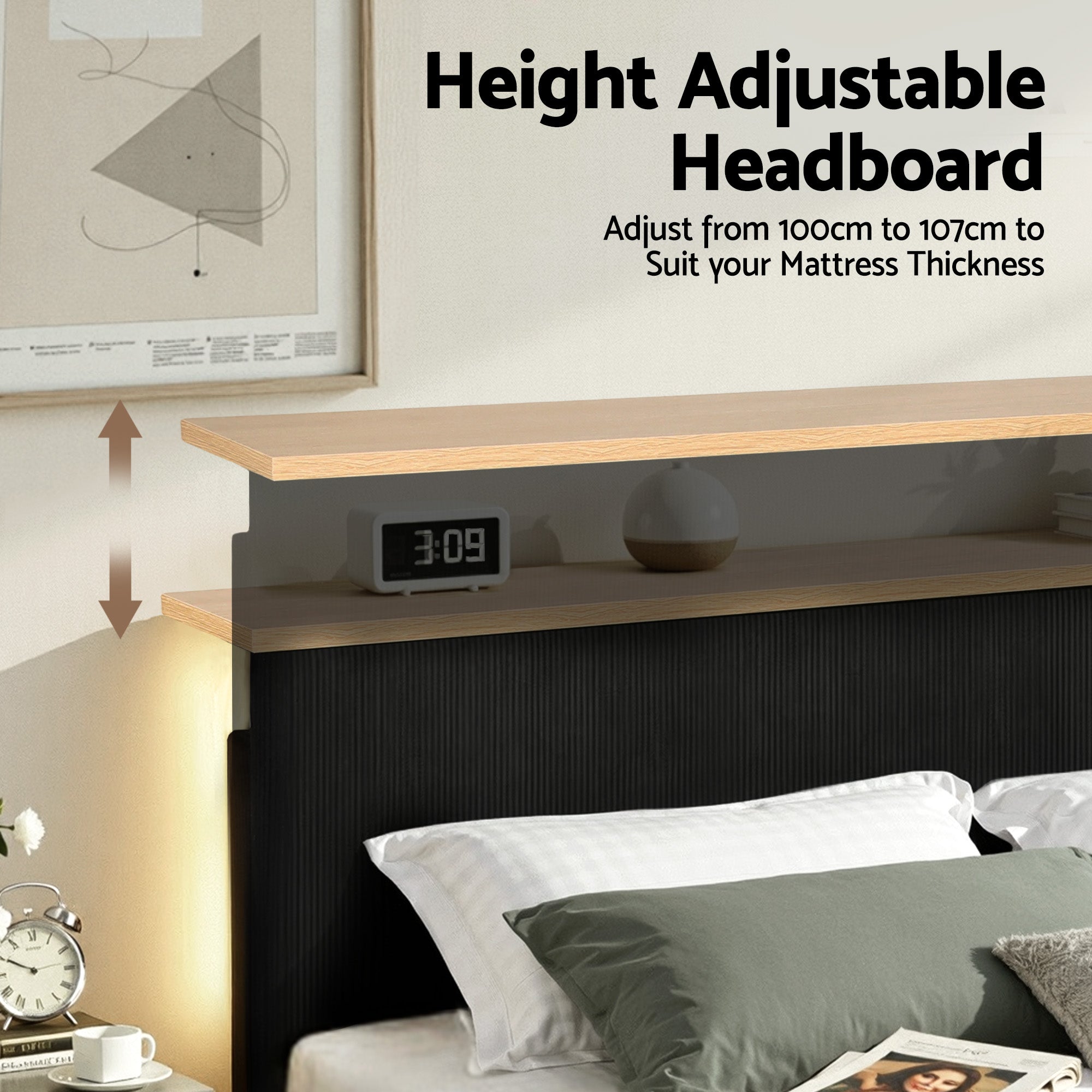 Artiss Double Bed Frame Upholstered Adjustable Headboard Mood Lighting Heavy Duty Black Velvet