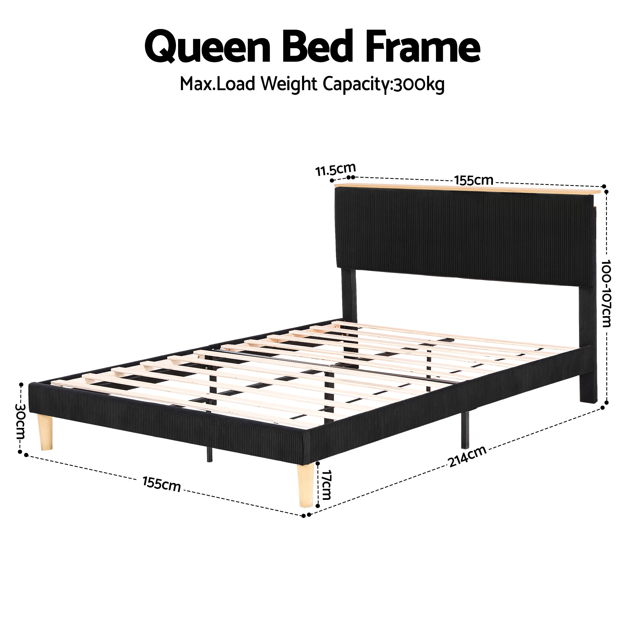 Artiss Queen Bed Frame Upholstered Adjustable Headboard Mood Lighting Heavy Duty Black Velvet