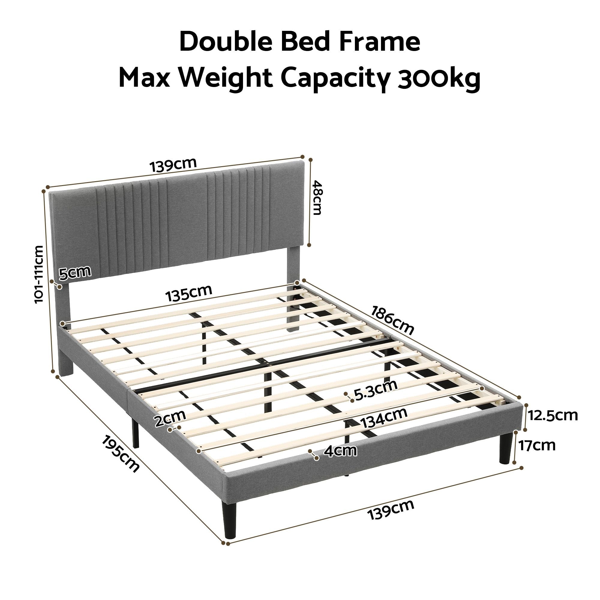 Artiss Double Bed Frame with Adjustable Headboard, Grey, 300kg Capacity Bedworld
