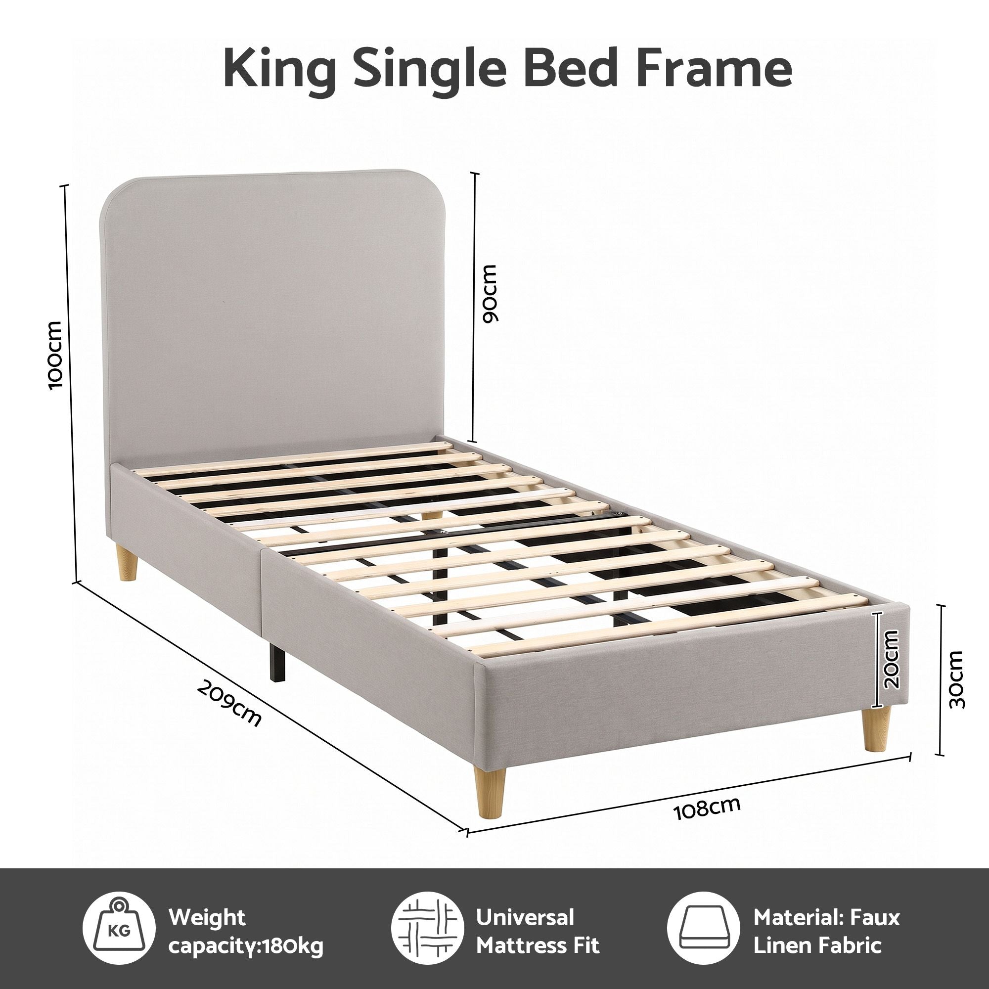 Artiss King Single Bed Frame with Headboard, Faux Linen Fabric Grey Bedworld