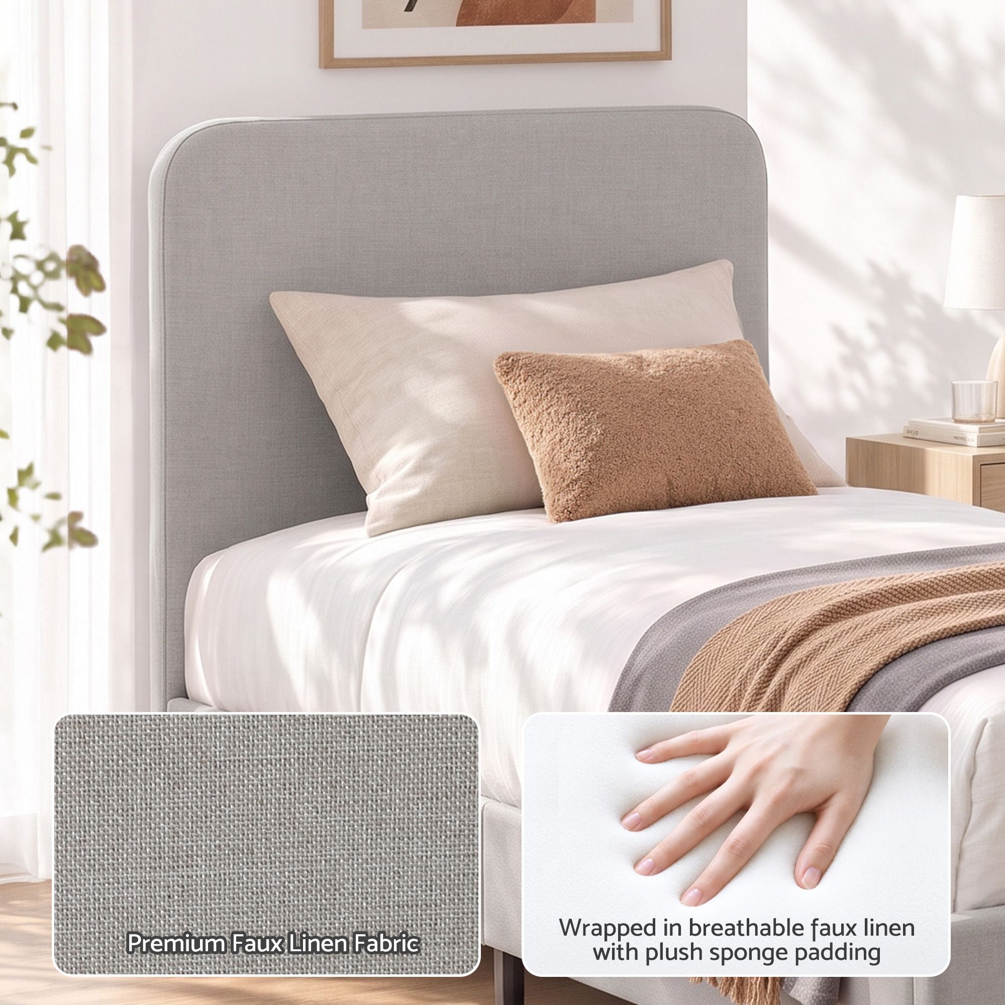 Artiss King Single Bed Frame with Headboard, Faux Linen Fabric Grey Bedworld