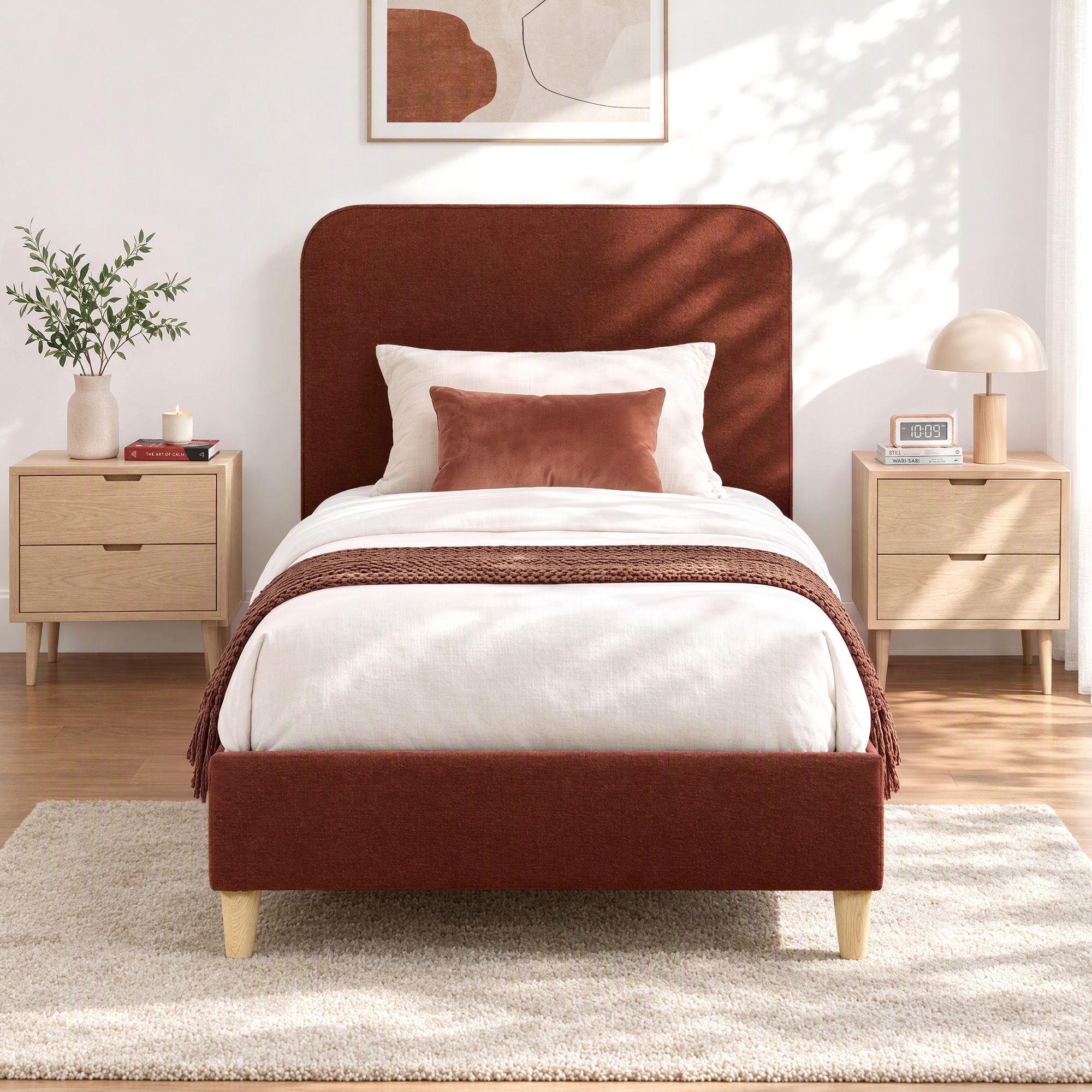 Artiss King Single Bed Frame with Headboard, Faux Linen Fabric Brown Bedworld