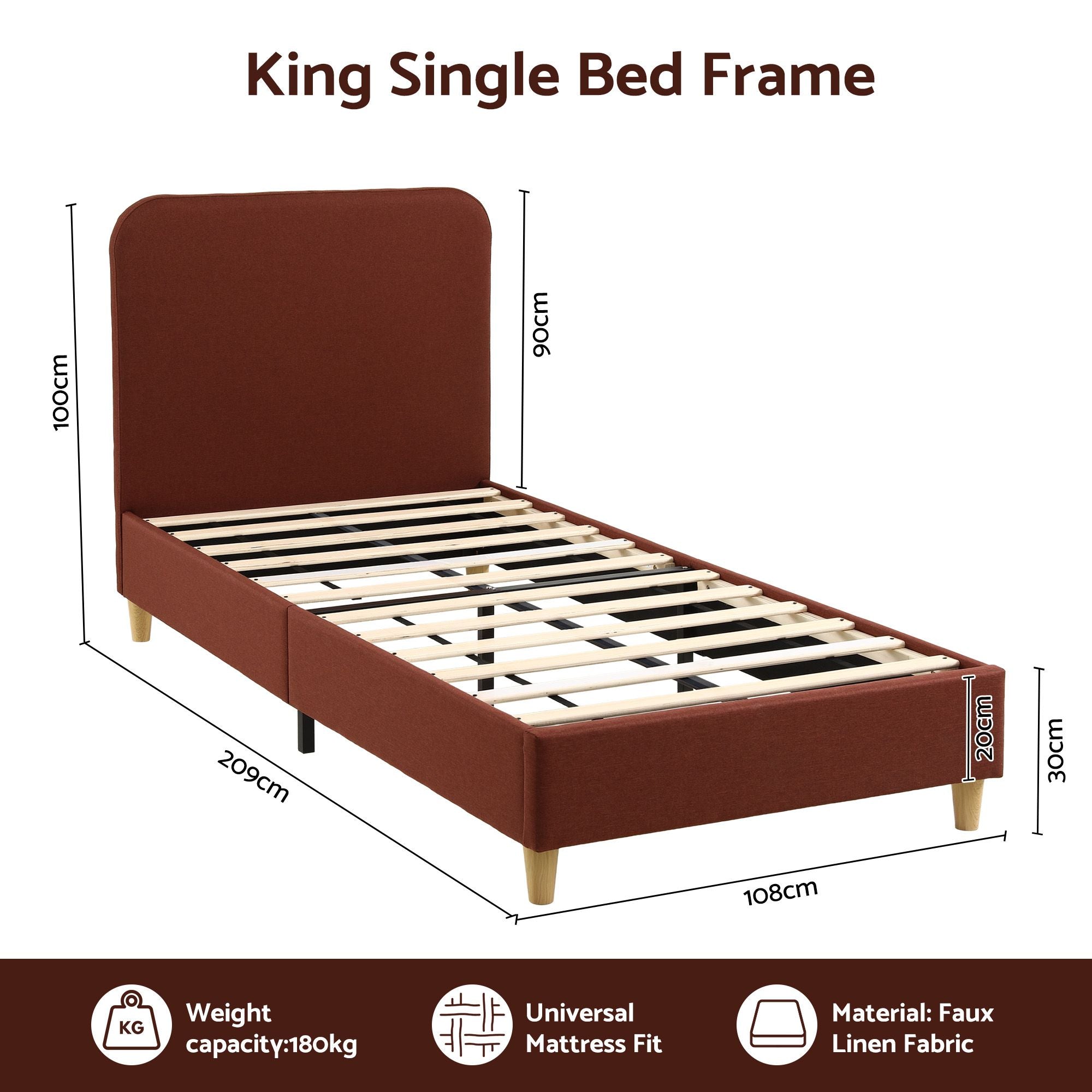 Artiss King Single Bed Frame with Headboard, Faux Linen Fabric Brown Bedworld
