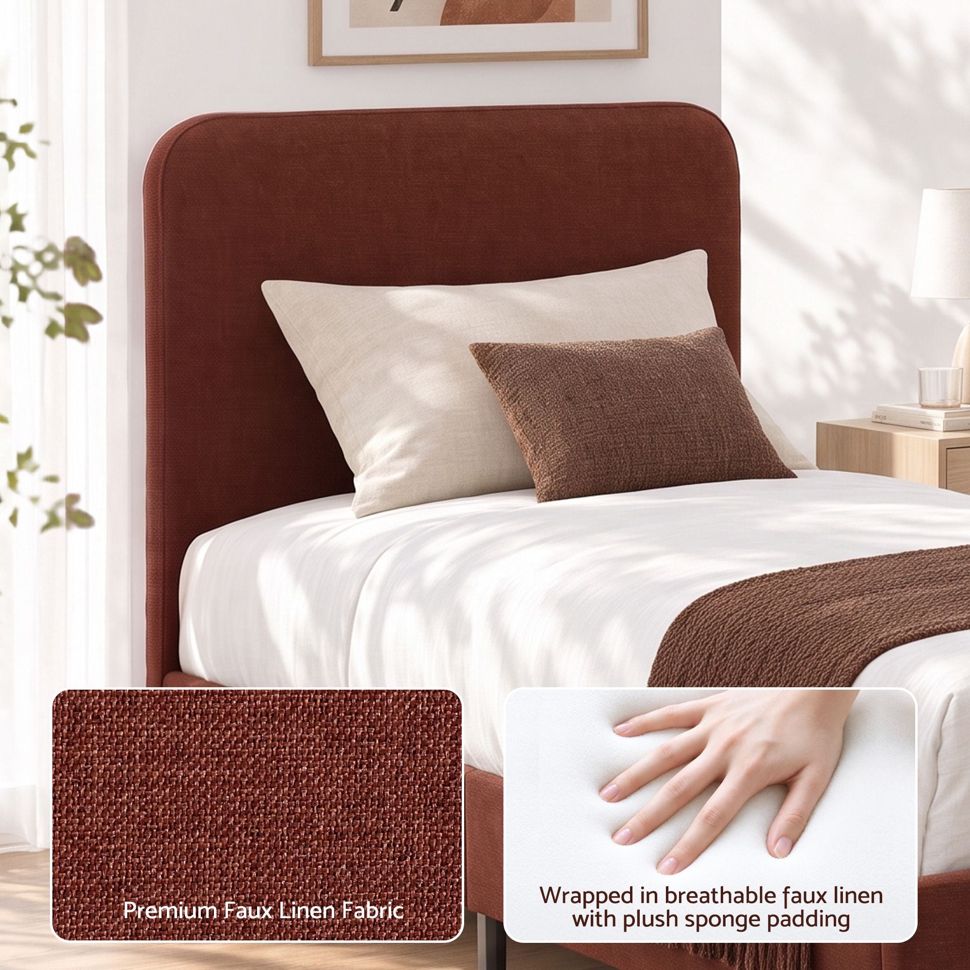 Artiss King Single Bed Frame with Headboard, Faux Linen Fabric Brown Bedworld