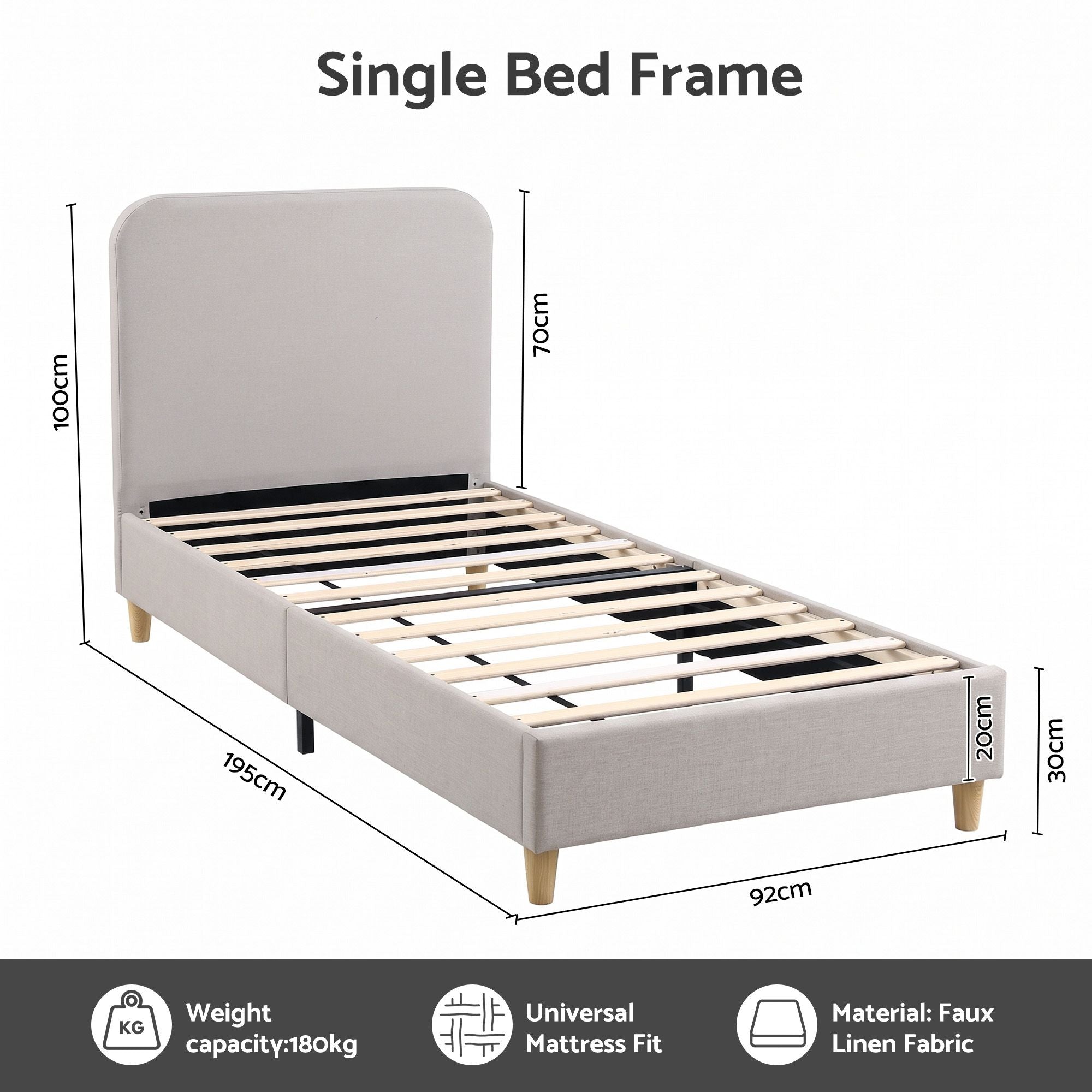 Artiss Single Bed Frame with Headboard, Faux Linen Fabric Grey Bedworld