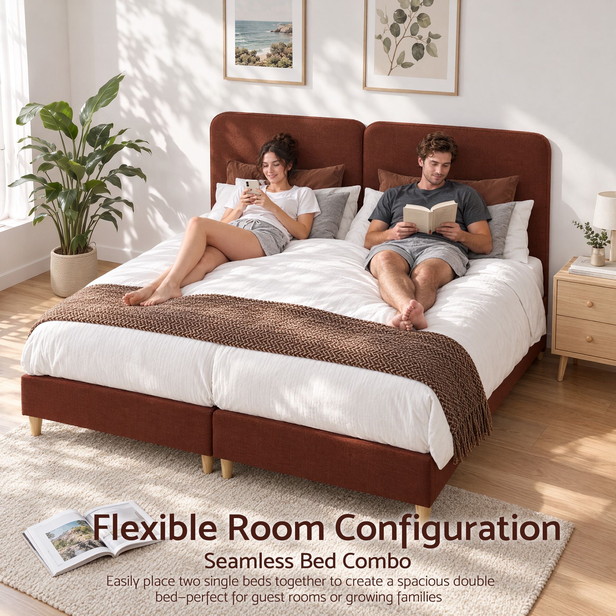 Artiss Single Bed Frame with Headboard, Faux Linen Fabric Brown Bedworld