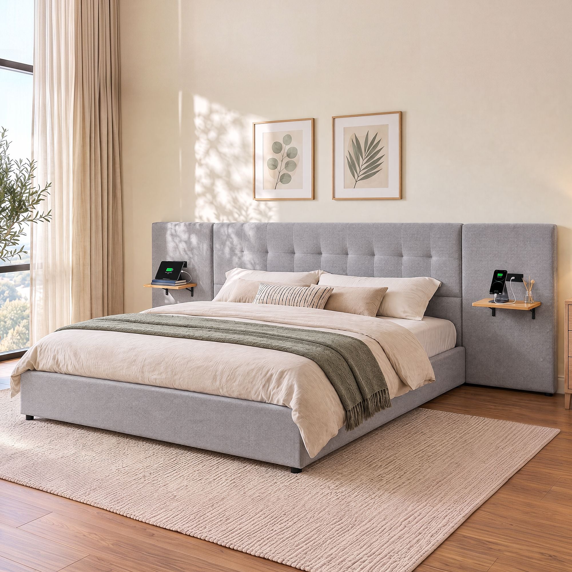 Artiss King Bed Frame with Wide Headboard, Floating Shelves and USB Grey Bedworld