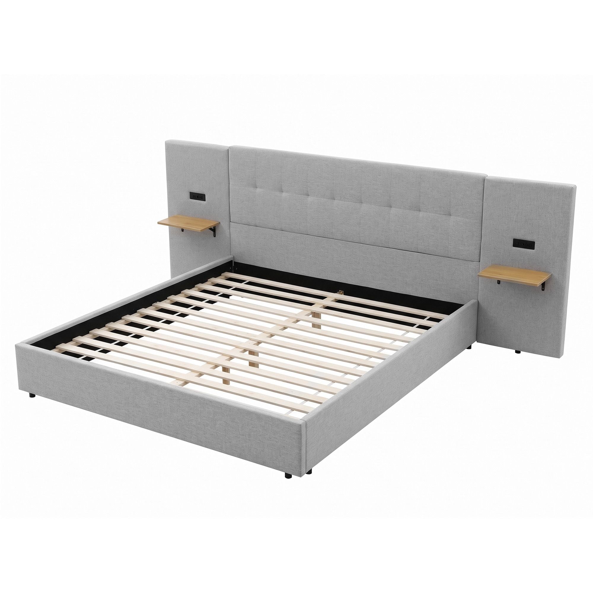 Artiss King Bed Frame with Wide Headboard, Floating Shelves and USB Grey Bedworld