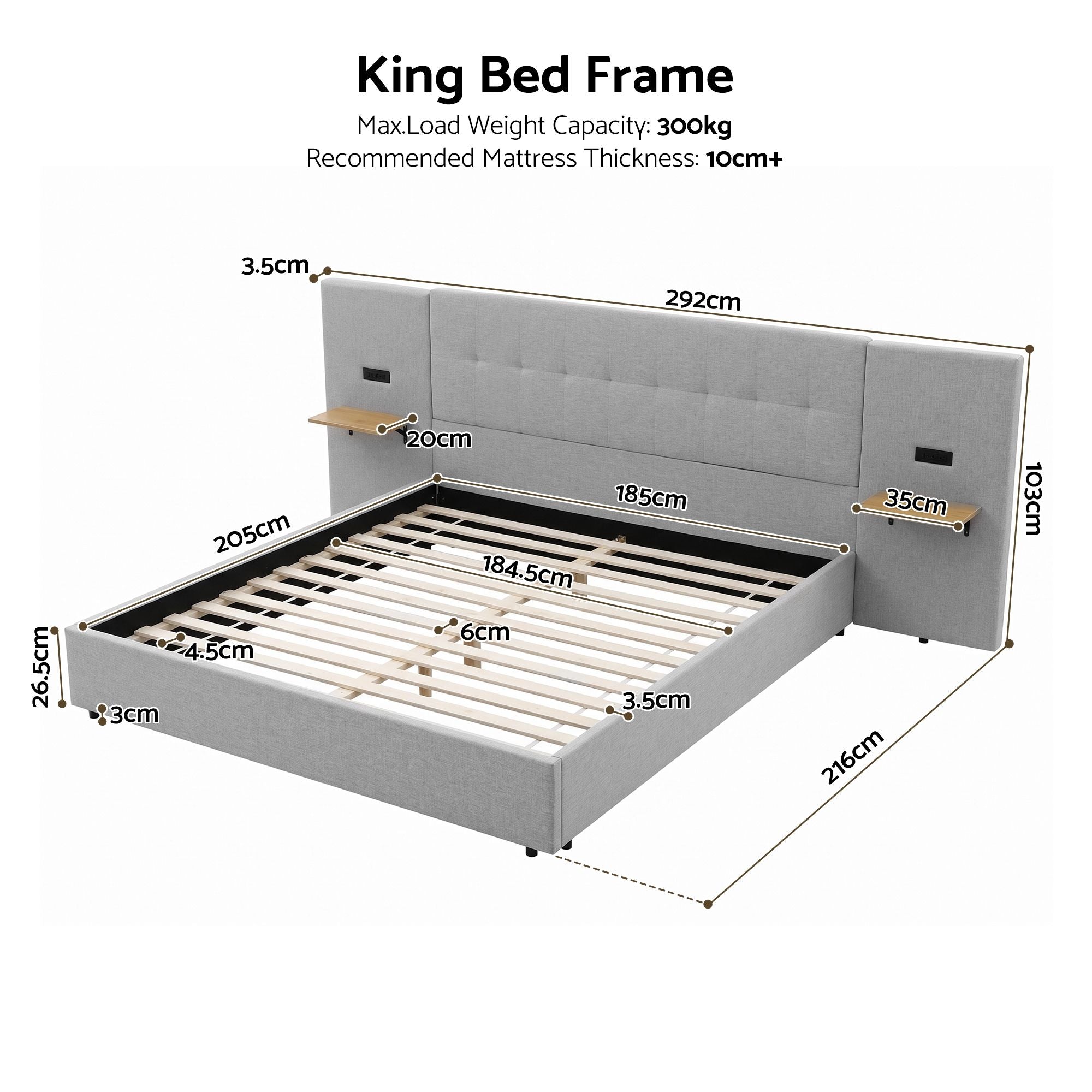 Artiss King Bed Frame with Wide Headboard, Floating Shelves and USB Grey Bedworld