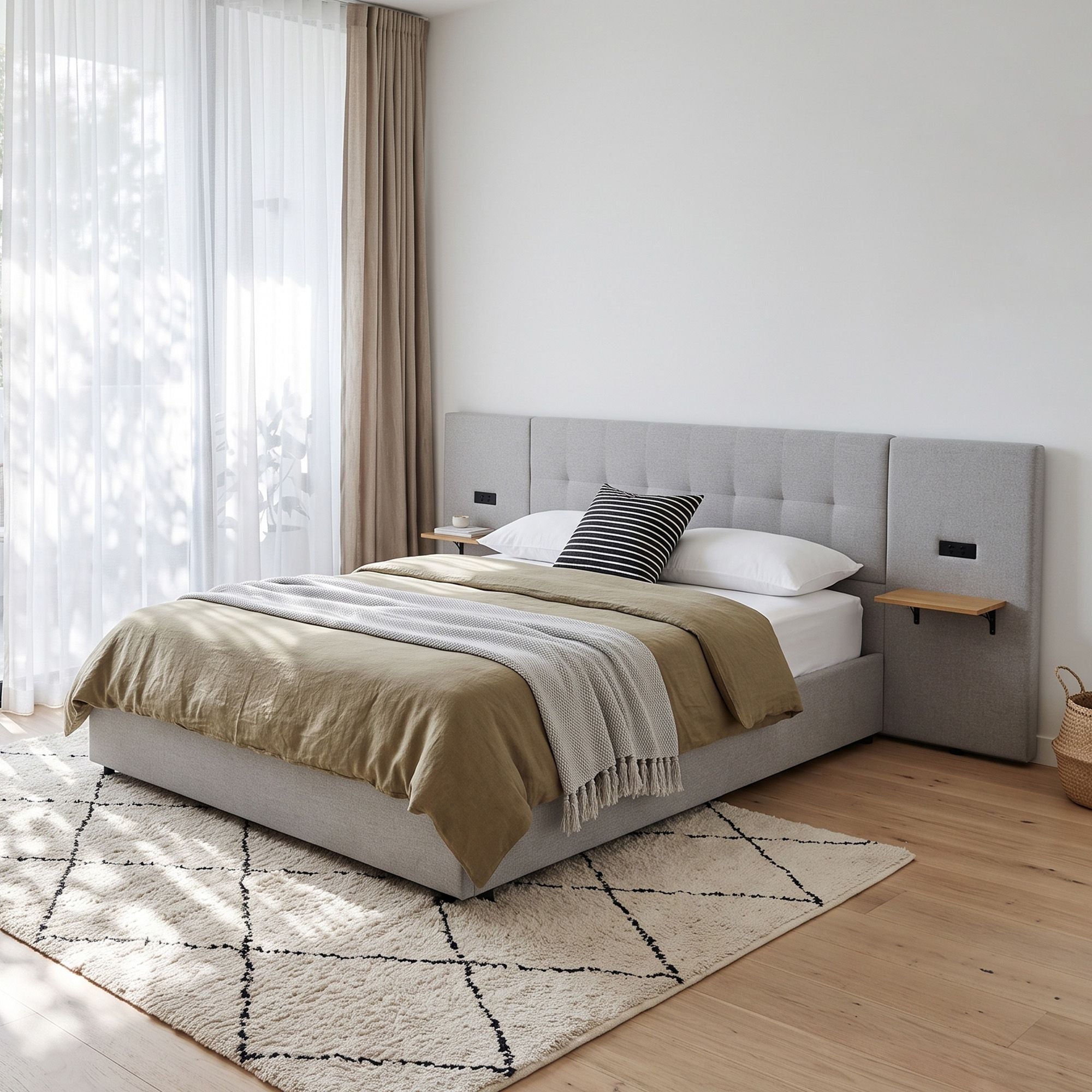Artiss King Bed Frame with Wide Headboard, Floating Shelves and USB Grey Bedworld