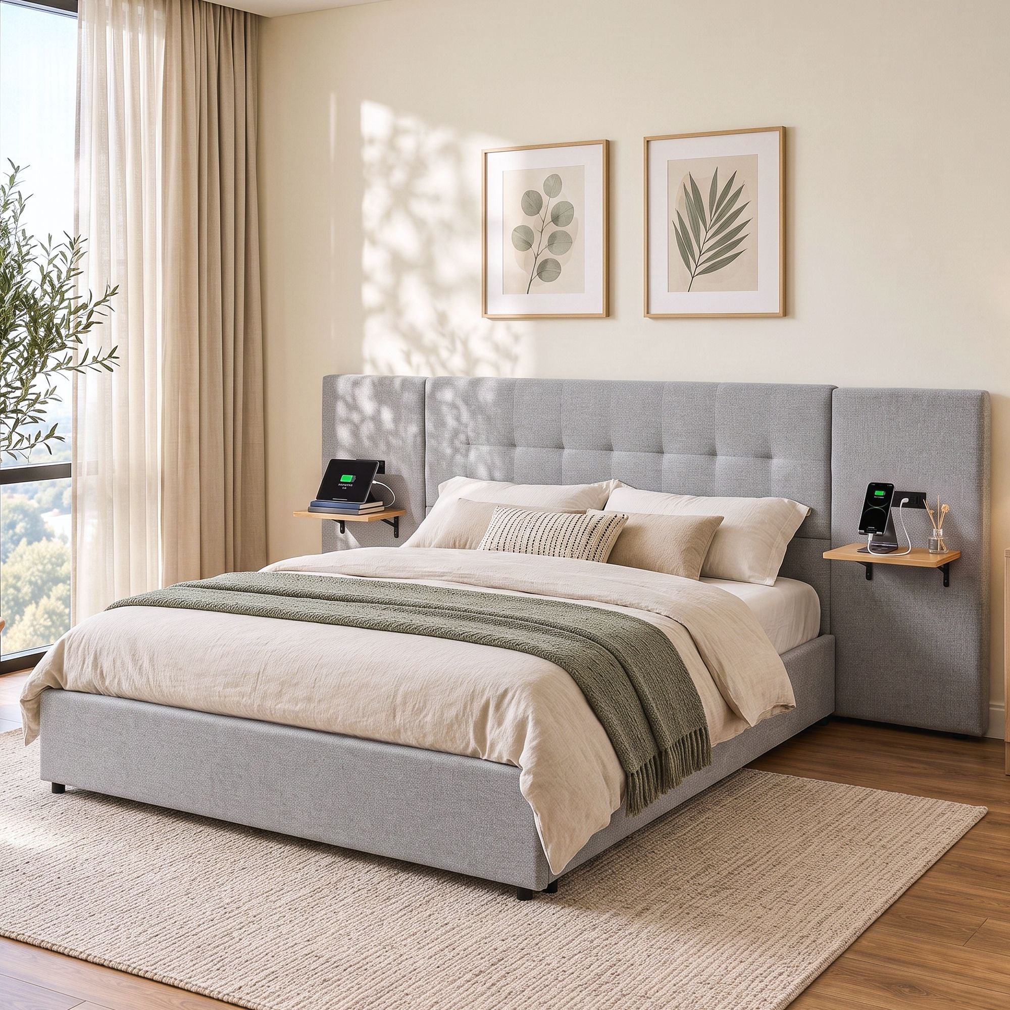 Artiss Queen Bed Frame with Wide Headboard, Floating Shelves and USB Grey Bedworld