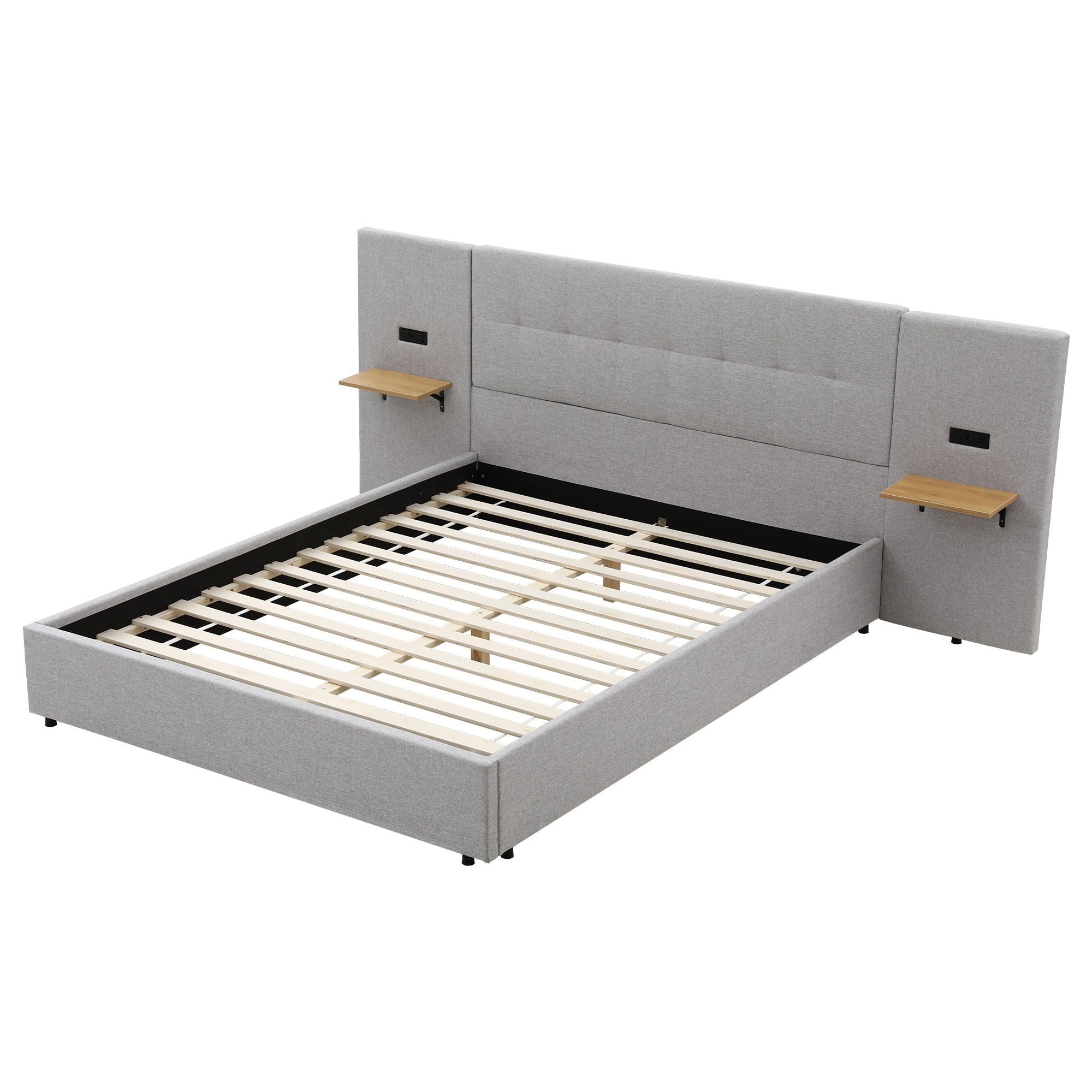 Artiss Queen Bed Frame with Wide Headboard, Floating Shelves and USB Grey Bedworld
