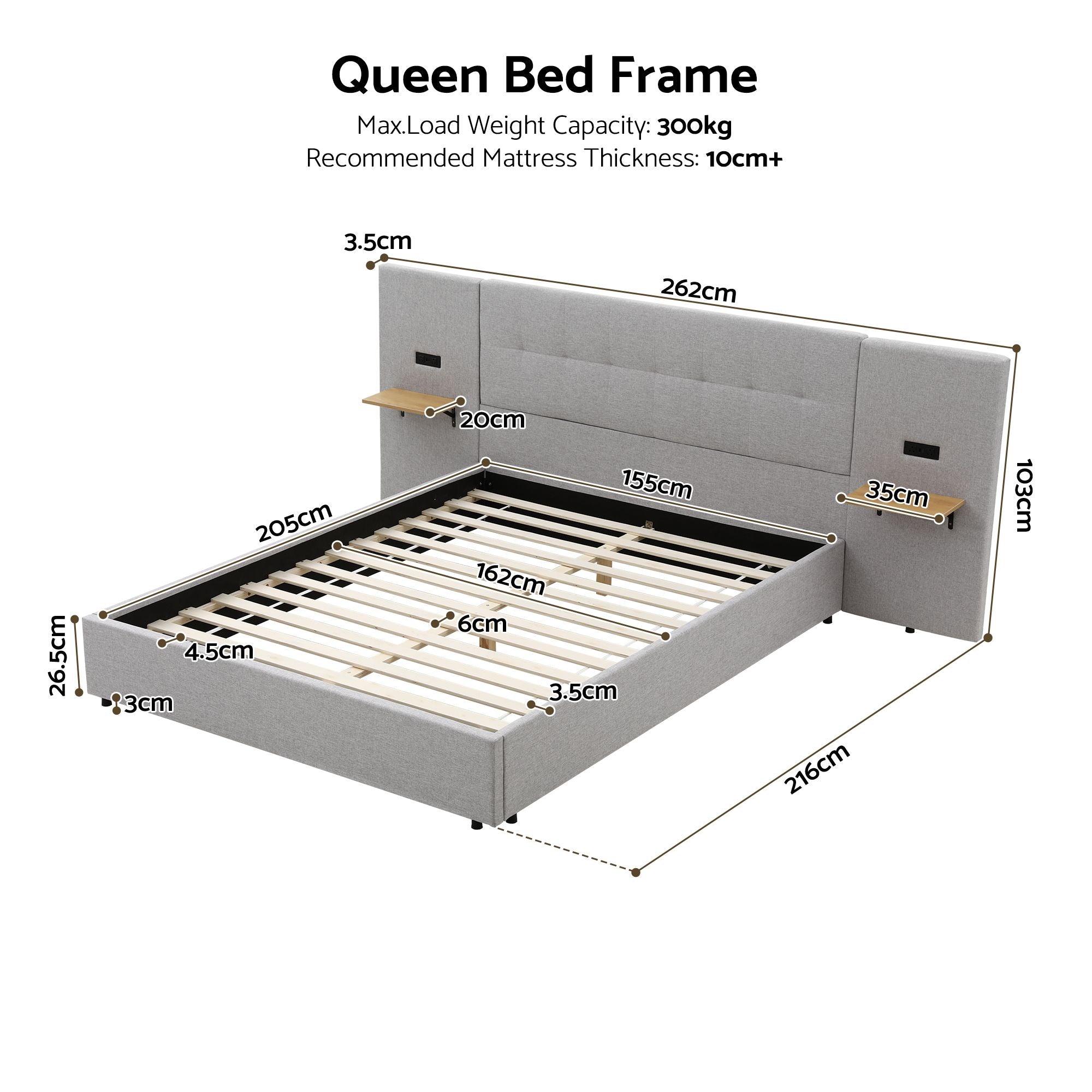 Artiss Queen Bed Frame with Wide Headboard, Floating Shelves and USB Grey Bedworld