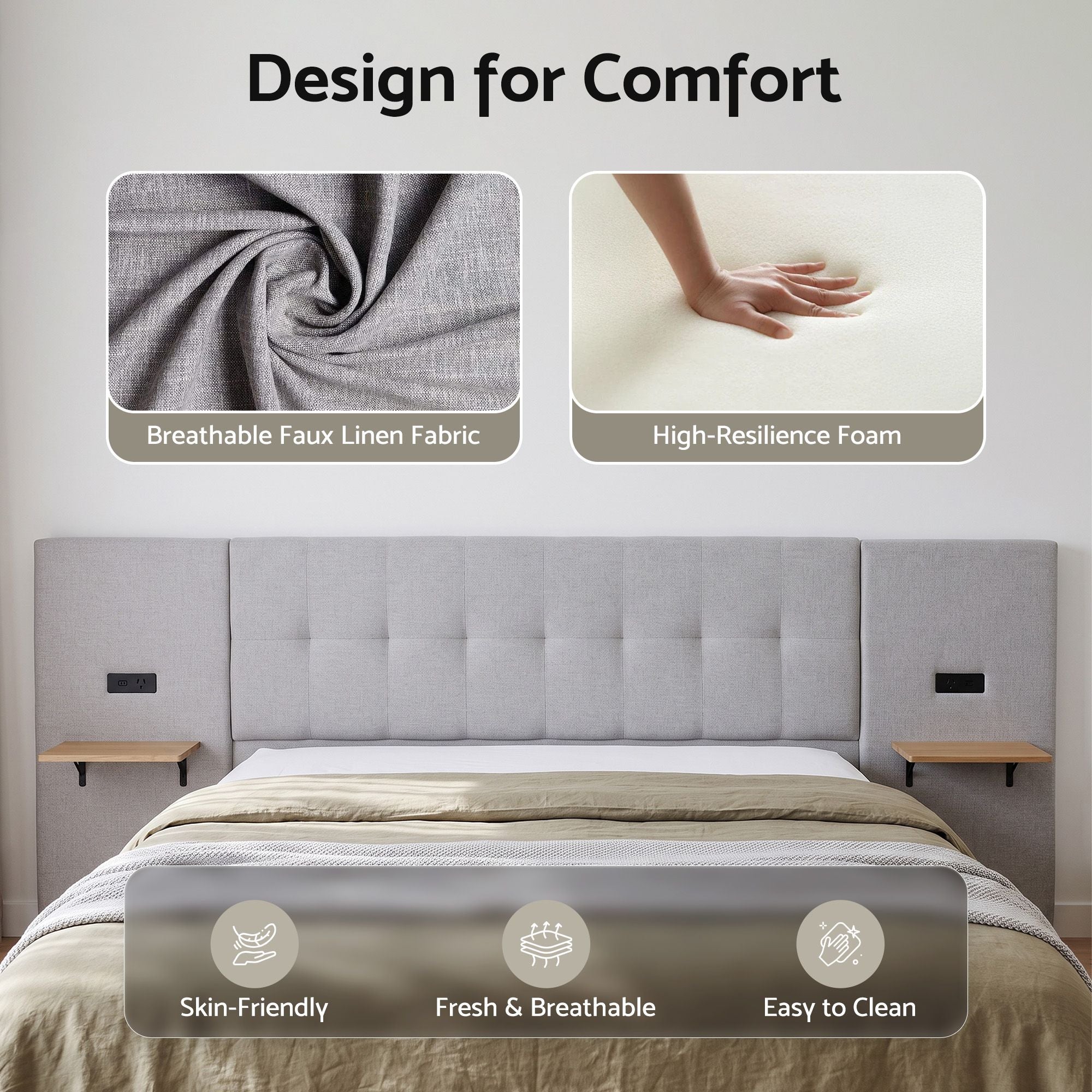 Artiss Queen Bed Frame with Wide Headboard, Floating Shelves and USB Grey Bedworld