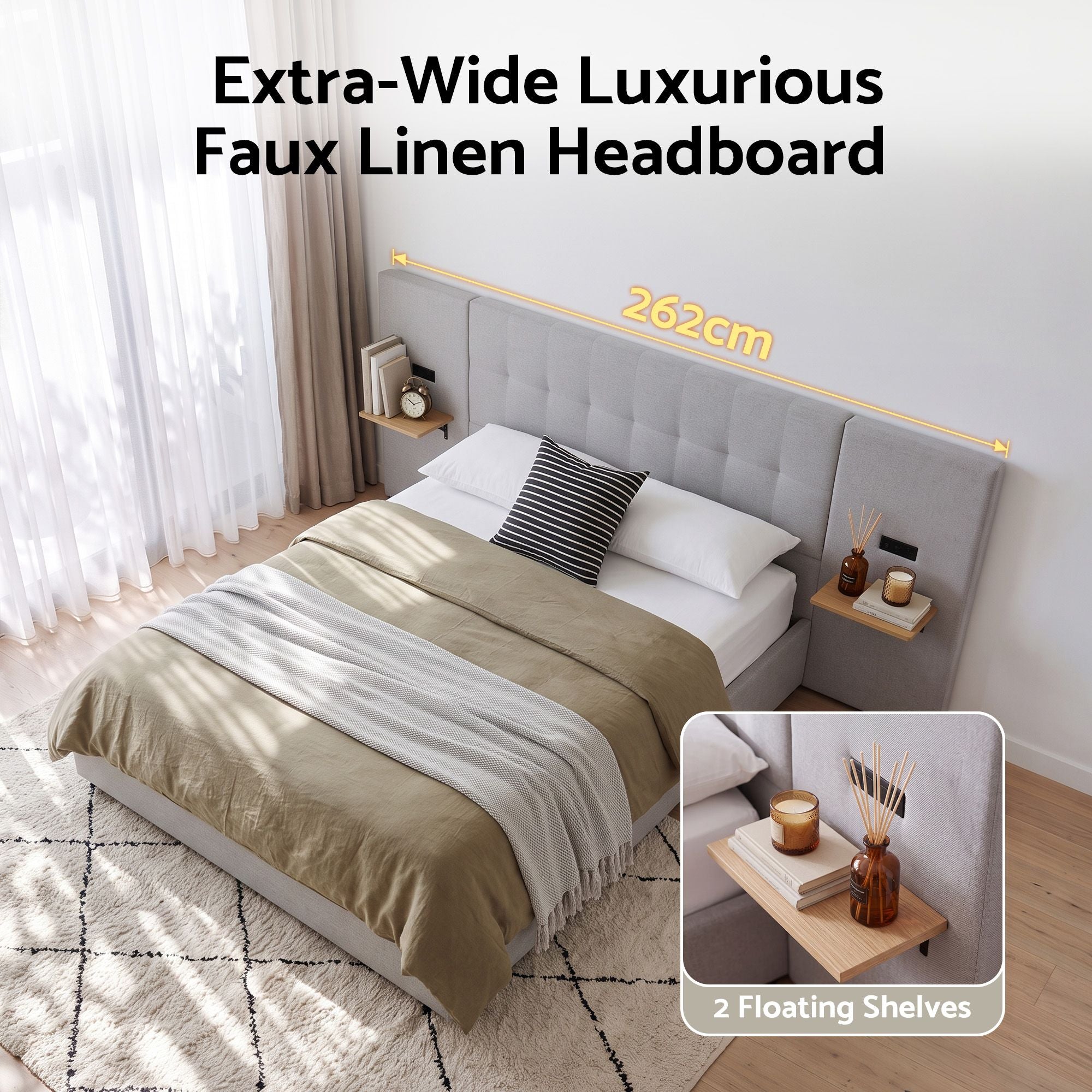 Artiss Queen Bed Frame with Wide Headboard, Floating Shelves and USB Grey Bedworld