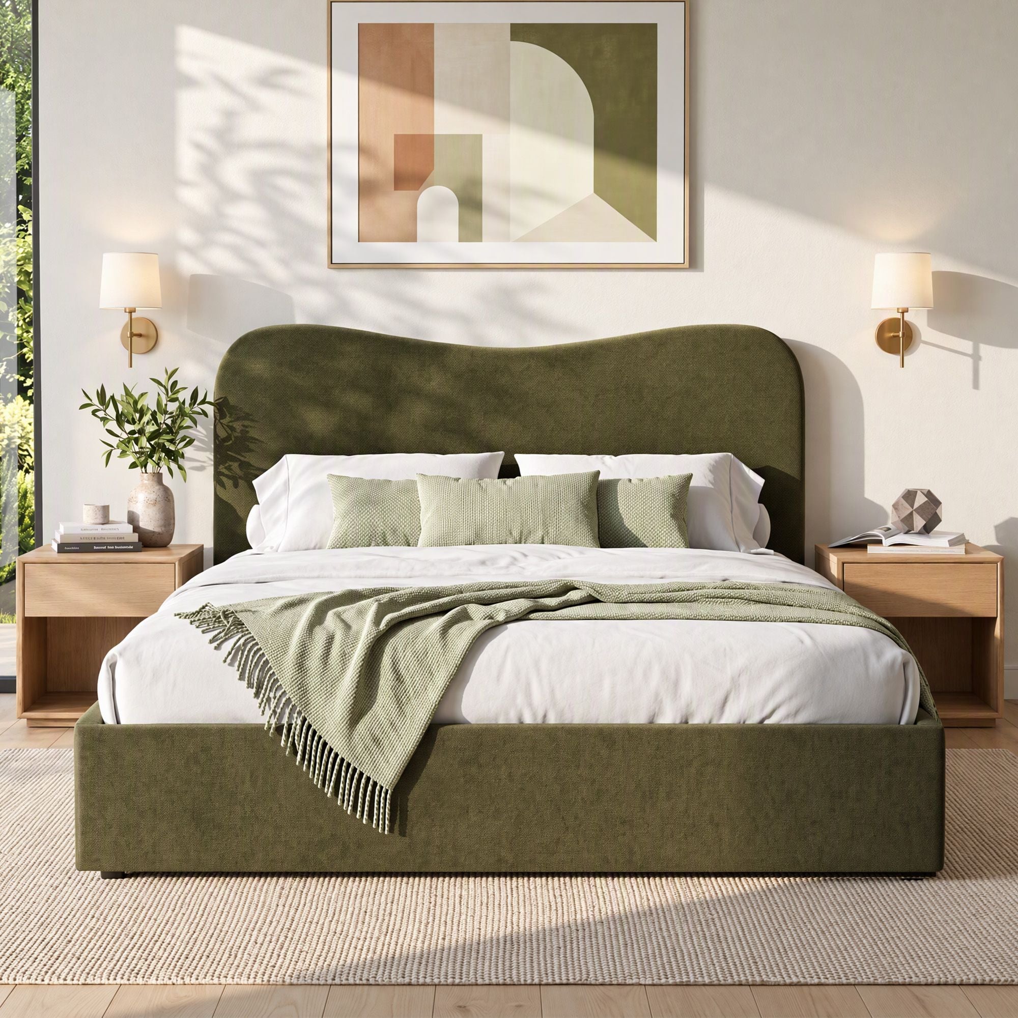 Artiss Double Bed Frame with Storage Drawer, Chenille Curved Headboard Bedworld
