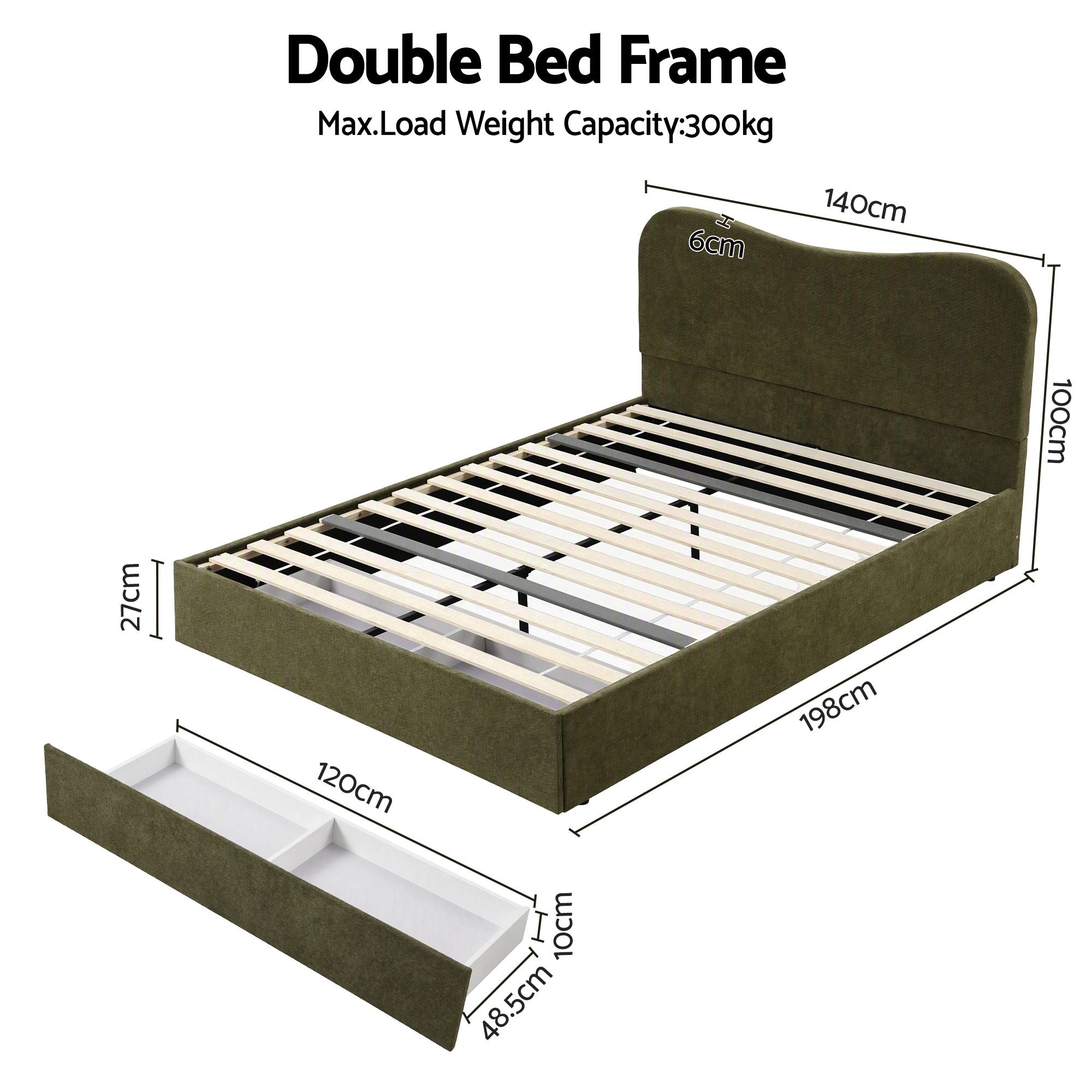 Artiss Double Bed Frame with Storage Drawer, Chenille Curved Headboard Bedworld
