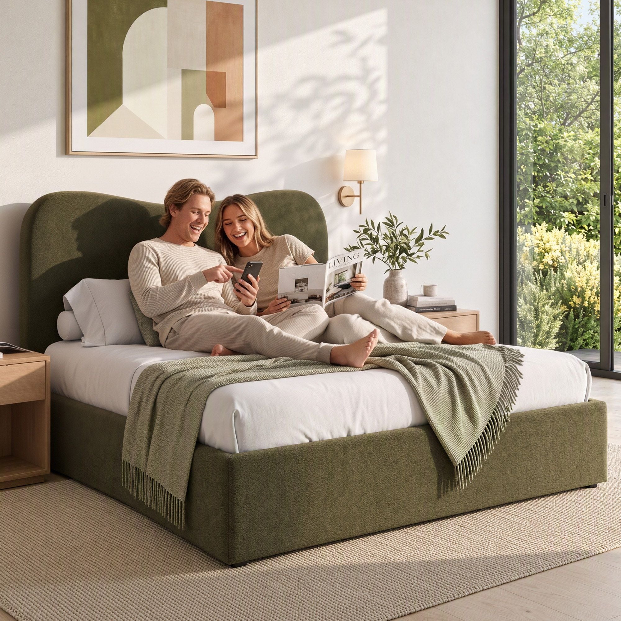 Artiss Queen Bed Frame with Storage Drawer, Chenille Curved Headboard Bedworld