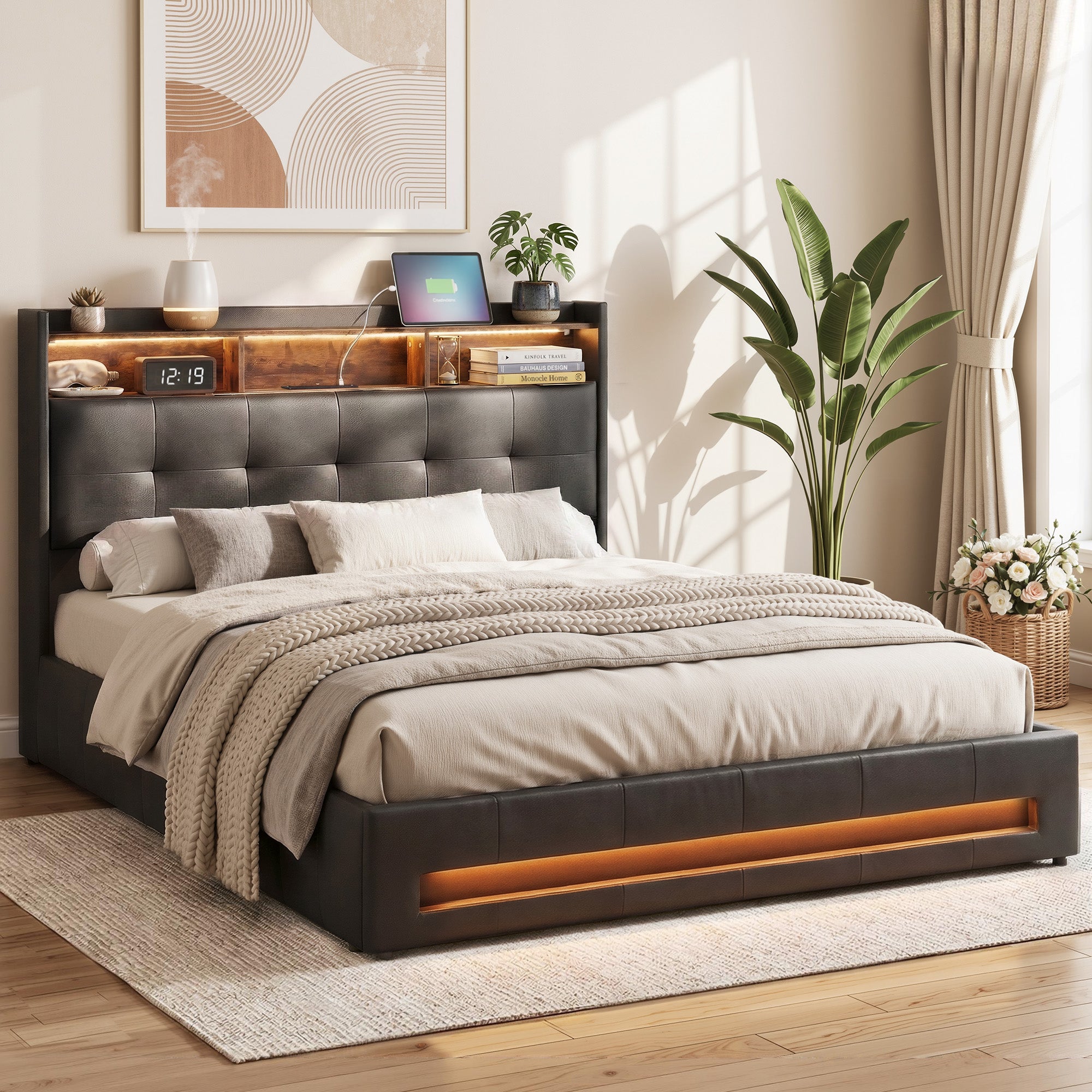 Double bed frame with tufted headboard and dark upholstered base, open shelf and LED lights