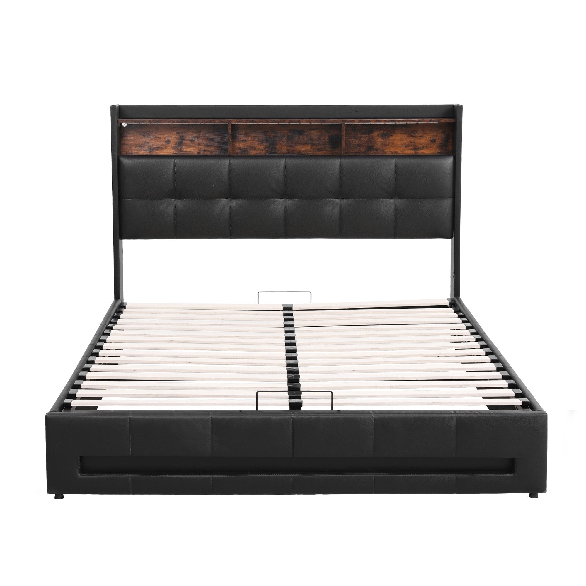 Double bed frame with dark tufted headboard and open storage front, slatted mattress support