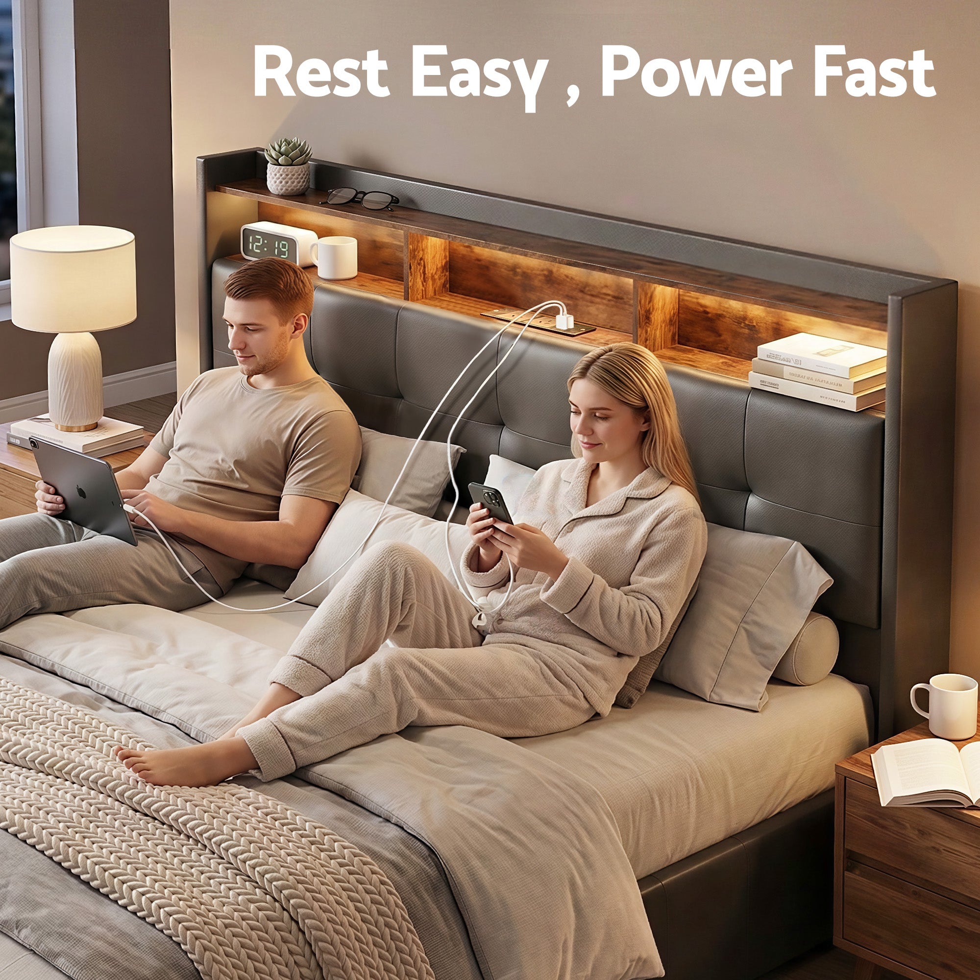 Double bed frame with upholstered headboard and built-in open shelf for bedside items