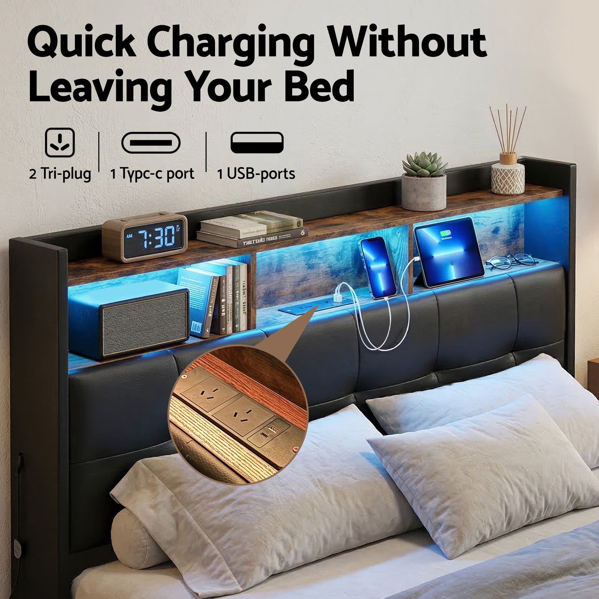 Double bed frame with open shelf and front charging station panel, dark upholstered headboard