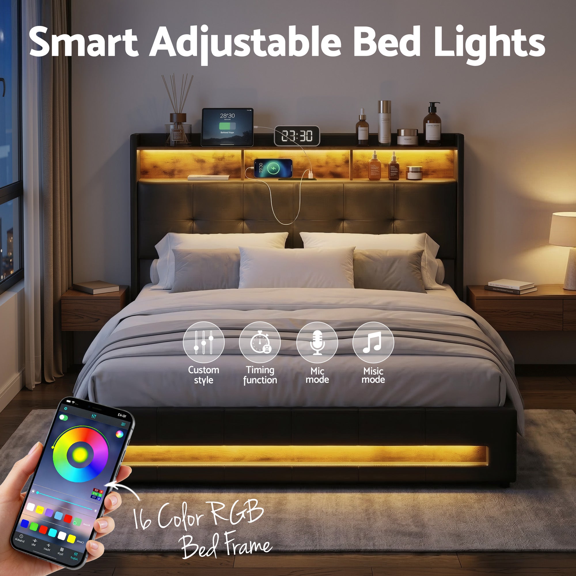 Double bed frame with adjustable bed lights and glowing light strip along headboard